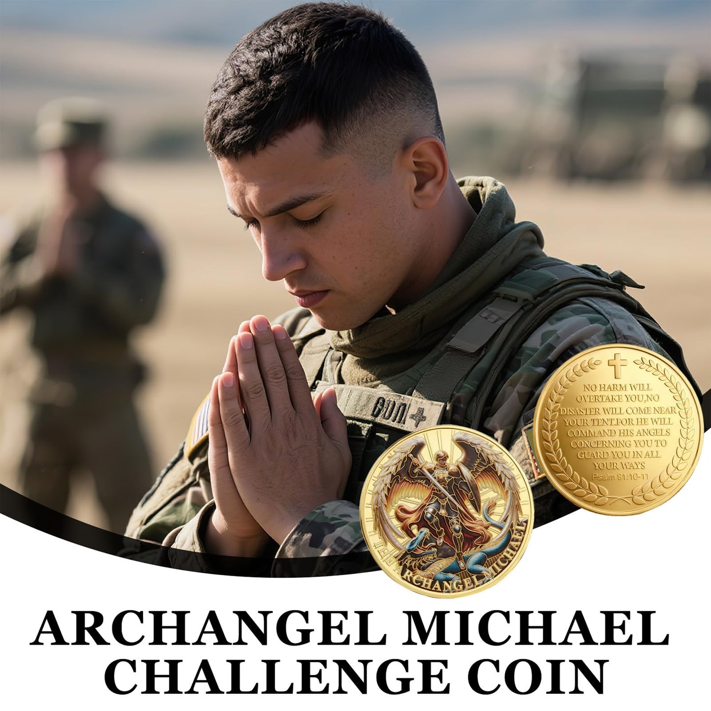 Qoncosy Archangel Michael Challenge Coin 1/6/12/24 Pcs – Gold Plated, Psalm 91:10-11, Protective Case