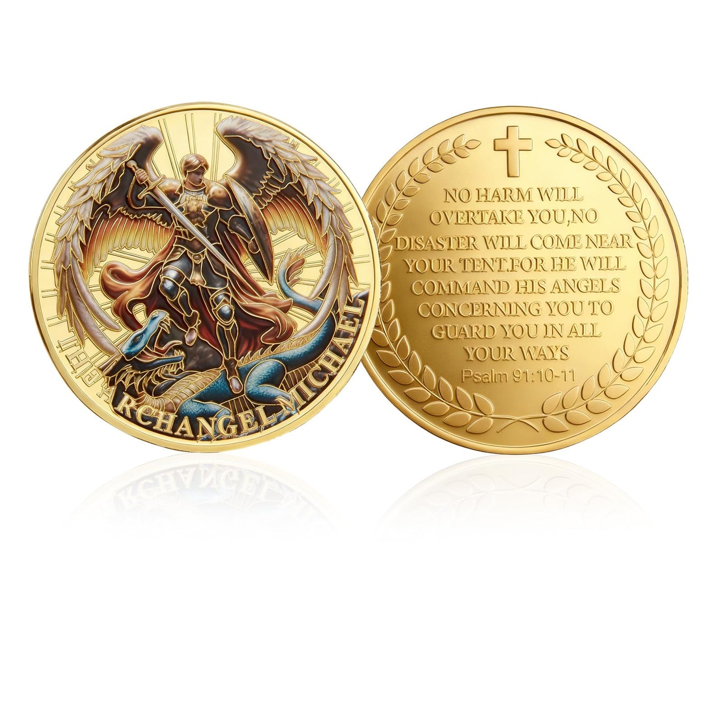 Qoncosy Archangel Michael Challenge Coin 1/6/12/24 Pcs – Gold Plated, Psalm 91:10-11, Protective Case