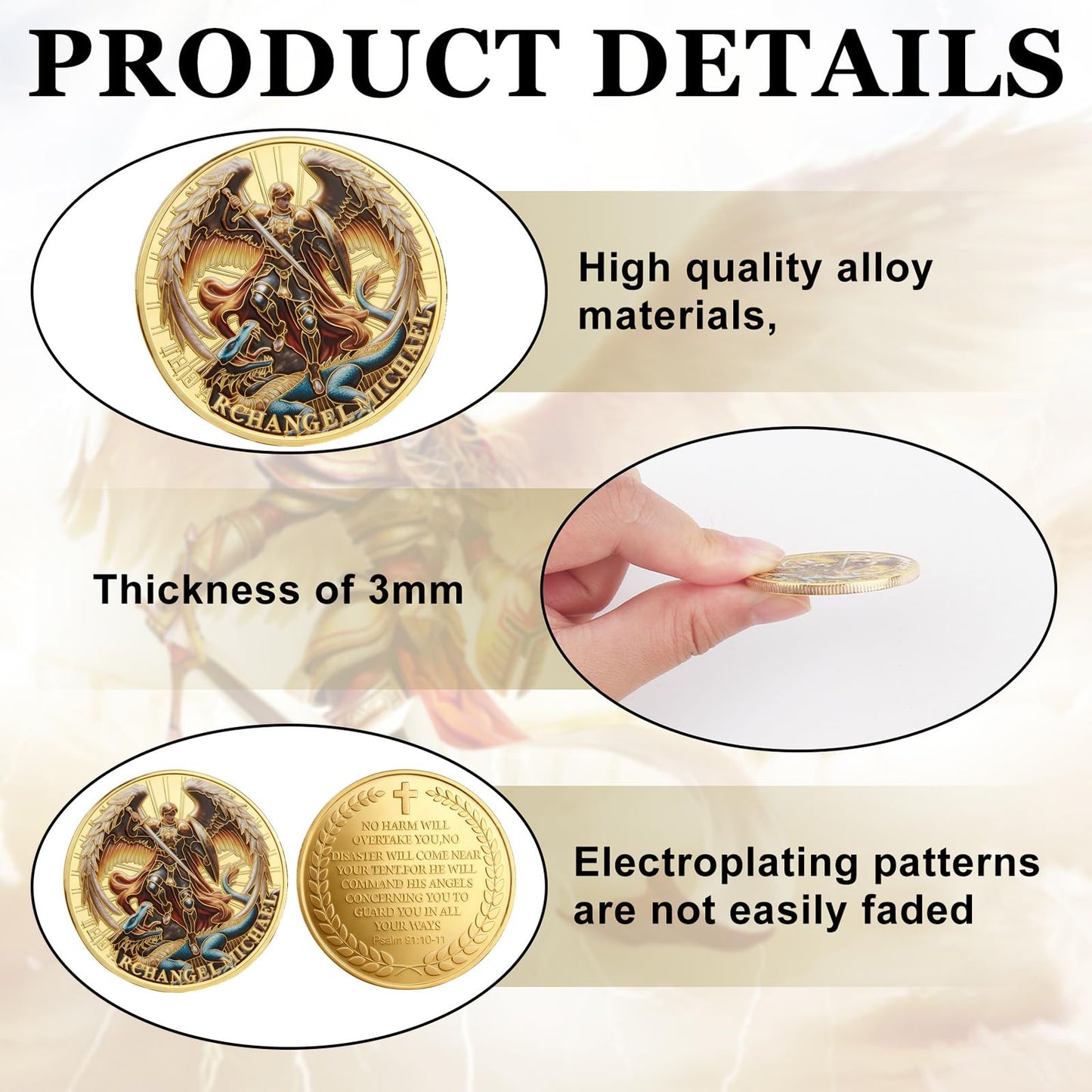 Qoncosy Archangel Michael Challenge Coin 1/6/12/24 Pcs – Gold Plated, Psalm 91:10-11, Protective Case