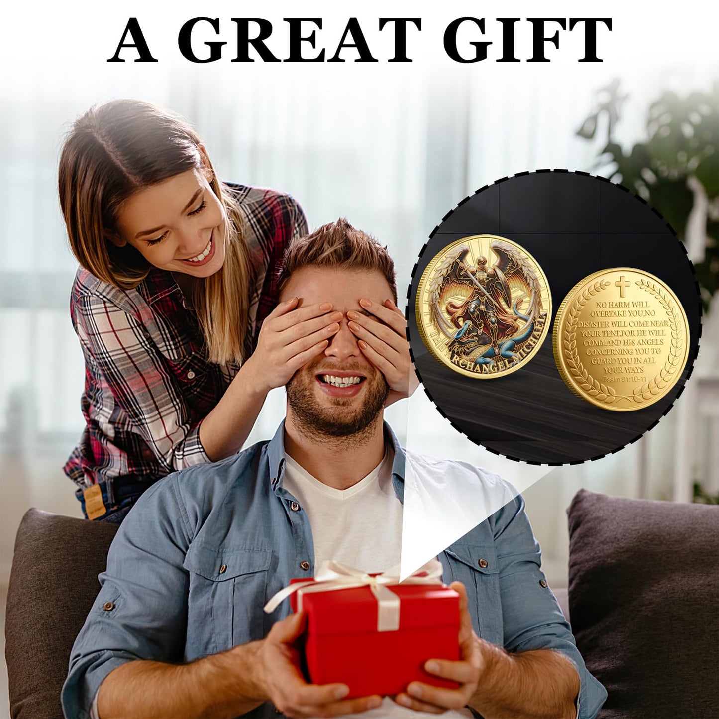 Qoncosy Archangel Michael Challenge Coin 1/6/12/24 Pcs – Gold Plated, Psalm 91:10-11, Protective Case