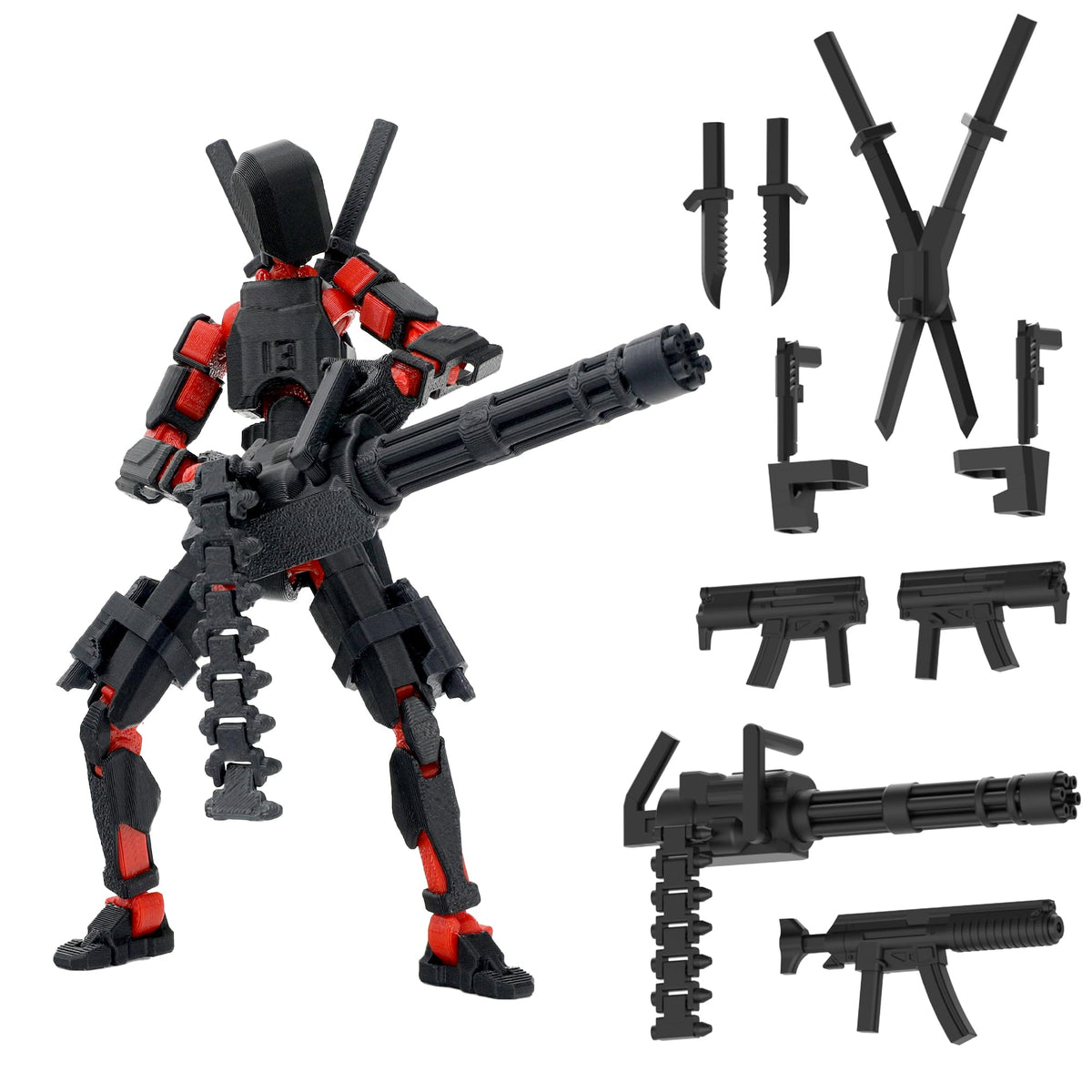 Qoopower Gatling Gun T13 Titan 13 Action Figure Set – Assembled, Fully Articulated 3D Printed Robo Toy (Red-Black)