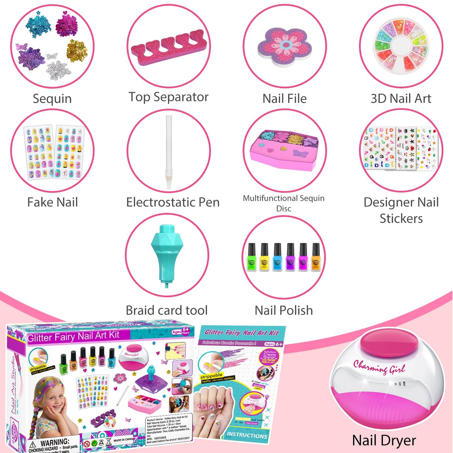 QoQlz Kids Nail Polish Set & Hair Gem Stamper Kit – Safe Water-Based Nail Art for Girls Aged 7–12