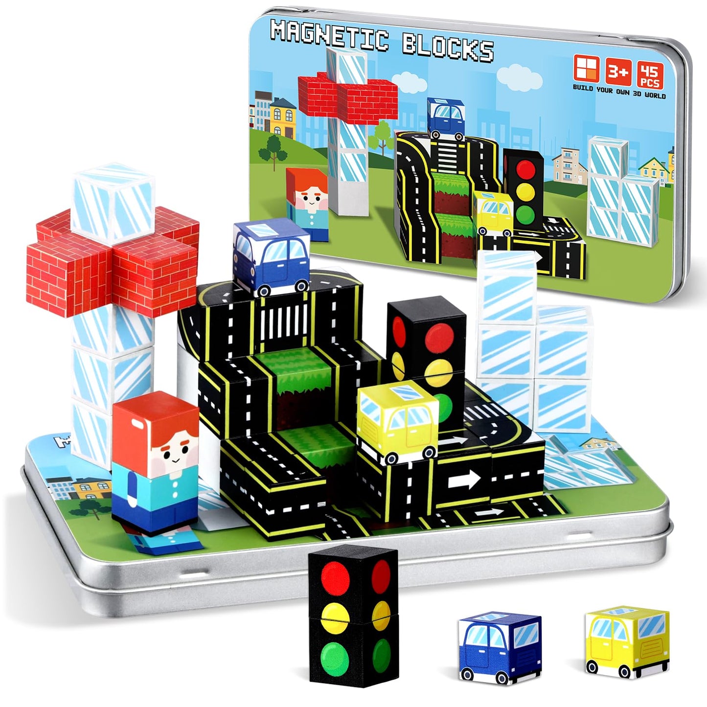 QOUBAI 45PCS Magnetic Building Blocks — Traffic Road Travel Toys for Kids 3-8