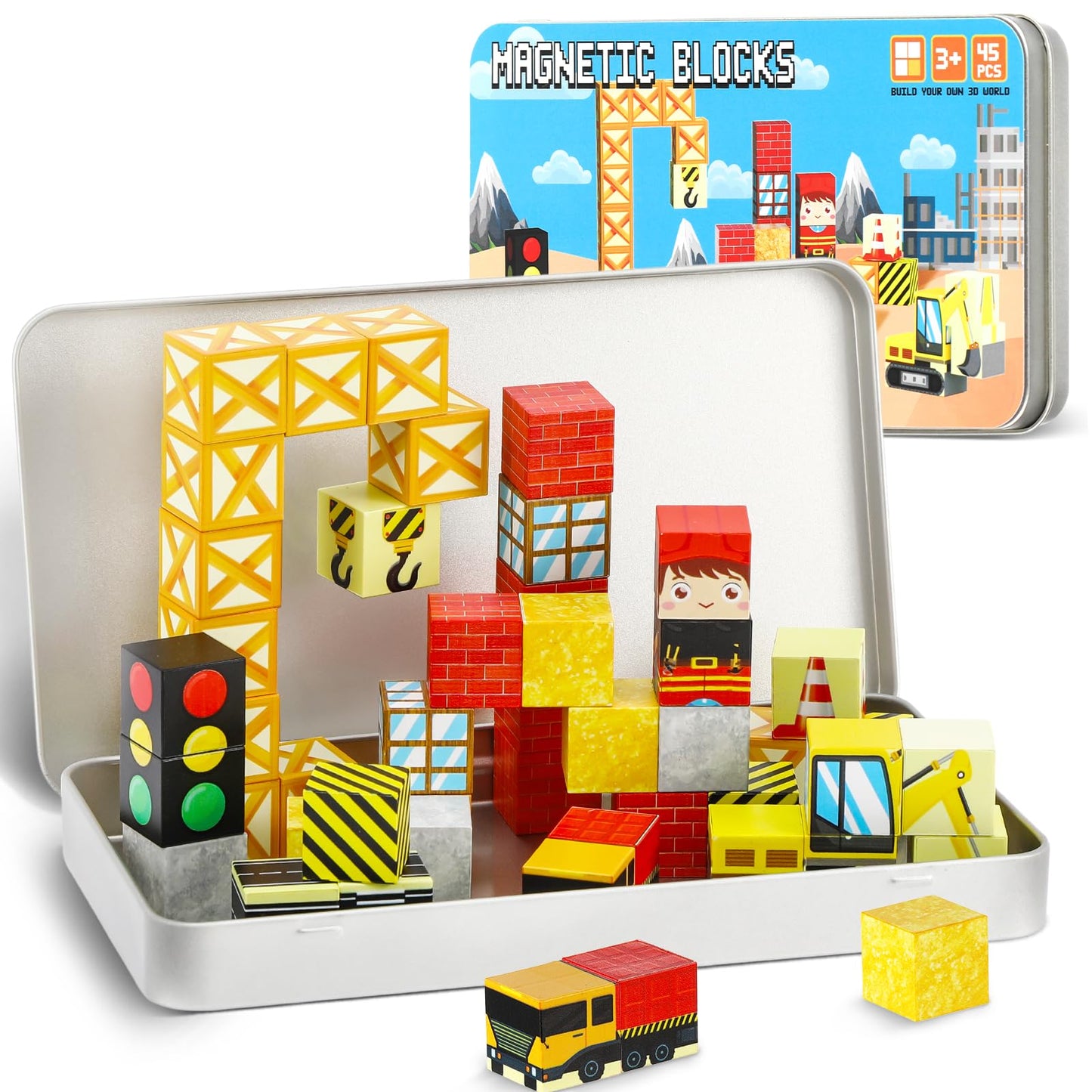 QOUBAI 45-Piece Magnetic Building Blocks Travel Set with Case for Kids 3-8