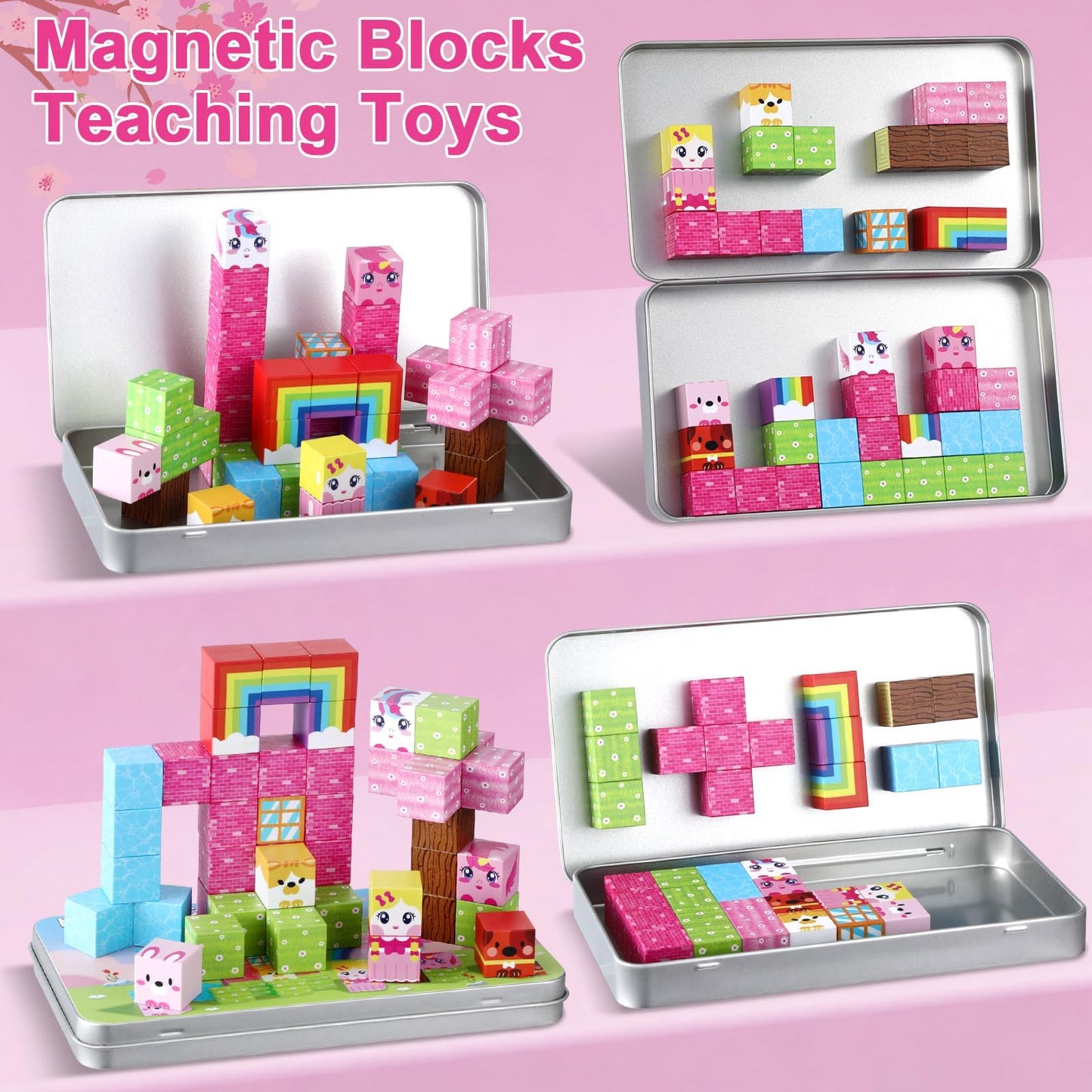 QOUBAI 45PCS Mini Magnetic Building Blocks Travel Toys – Unicorn Rainbow Edition