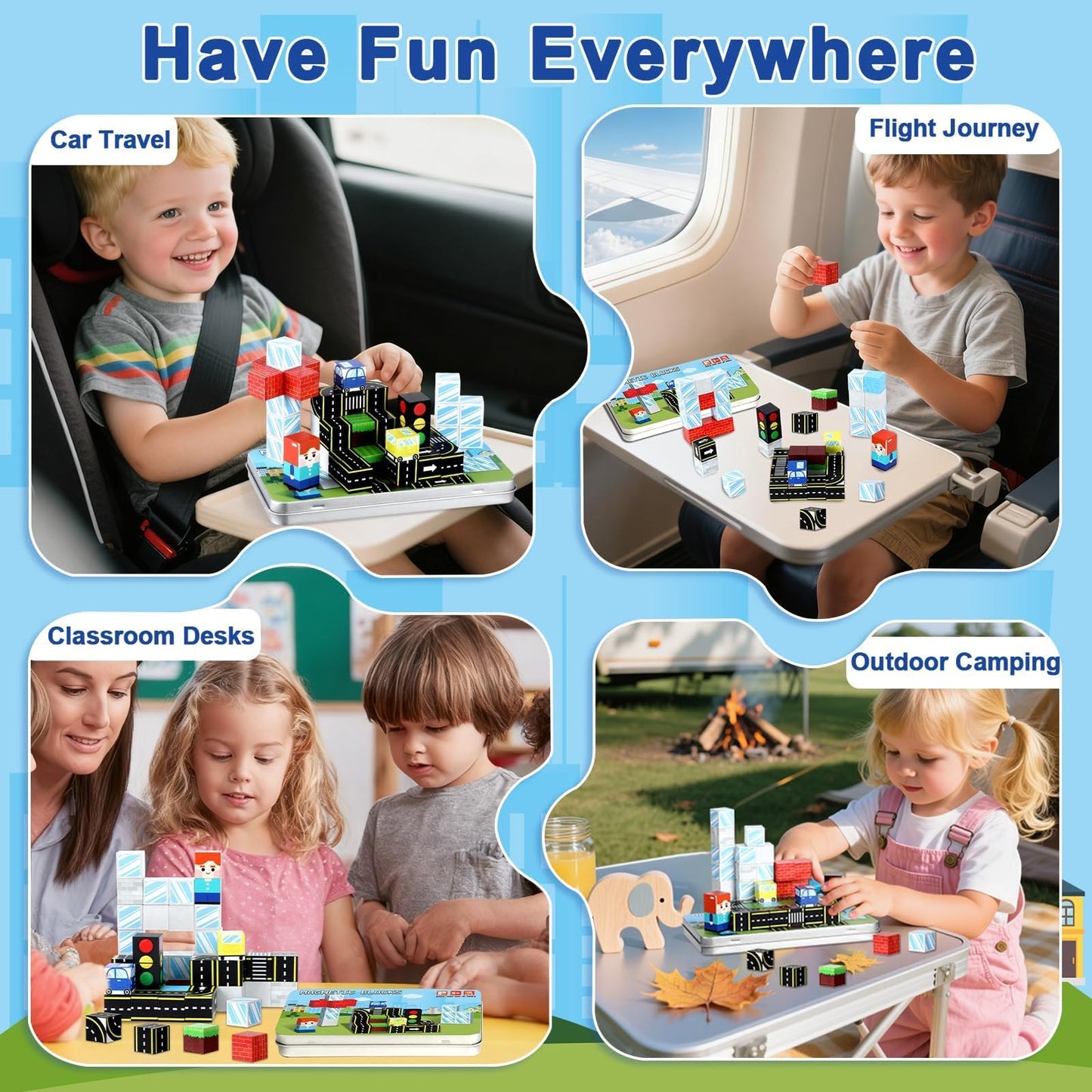 QOUBAI 45PCS Magnetic Building Blocks — Traffic Road Travel Toys for Kids 3-8