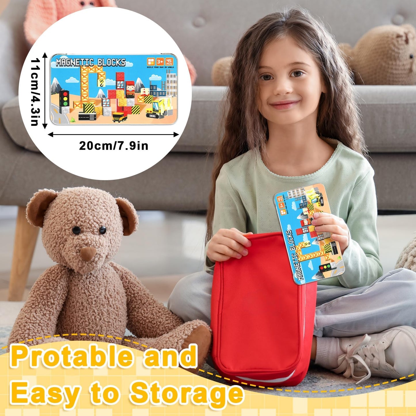 QOUBAI 45-Piece Magnetic Building Blocks Travel Set with Case for Kids 3-8
