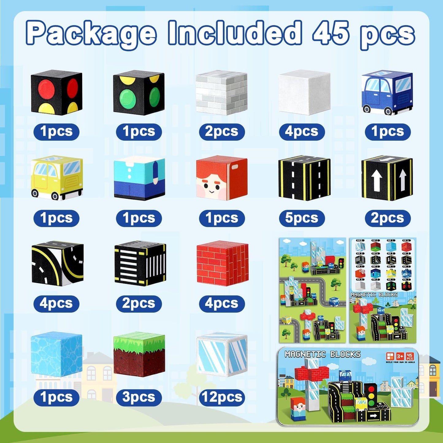 QOUBAI 45PCS Magnetic Building Blocks — Traffic Road Travel Toys for Kids 3-8