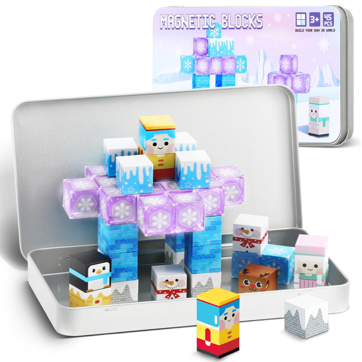 QOUBAI 45PCS Mini Magnetic Building Blocks Travel Toys – Ice World Set with Case (Ages 3-8)