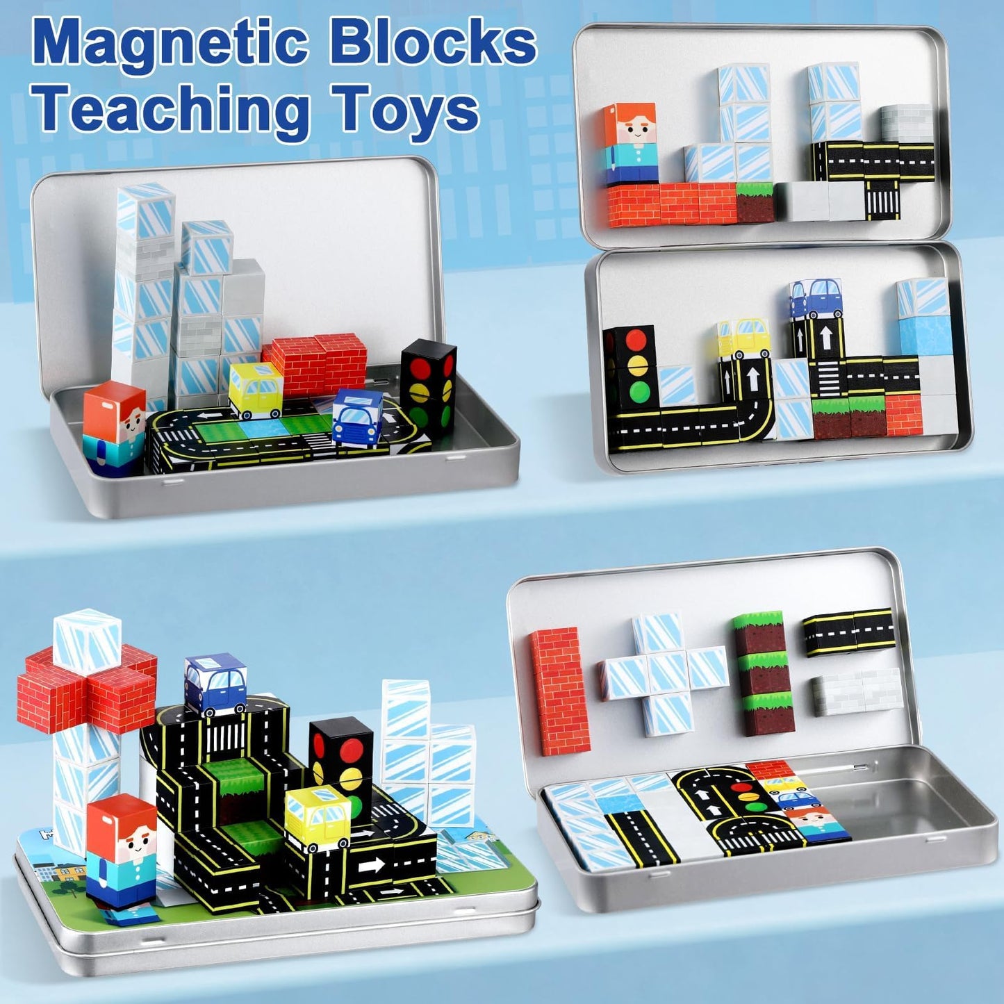 QOUBAI 45PCS Magnetic Building Blocks — Traffic Road Travel Toys for Kids 3-8