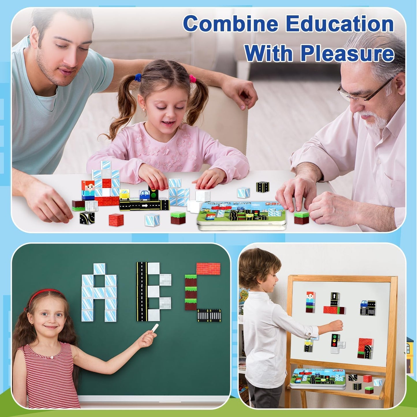 QOUBAI 45PCS Magnetic Building Blocks — Traffic Road Travel Toys for Kids 3-8