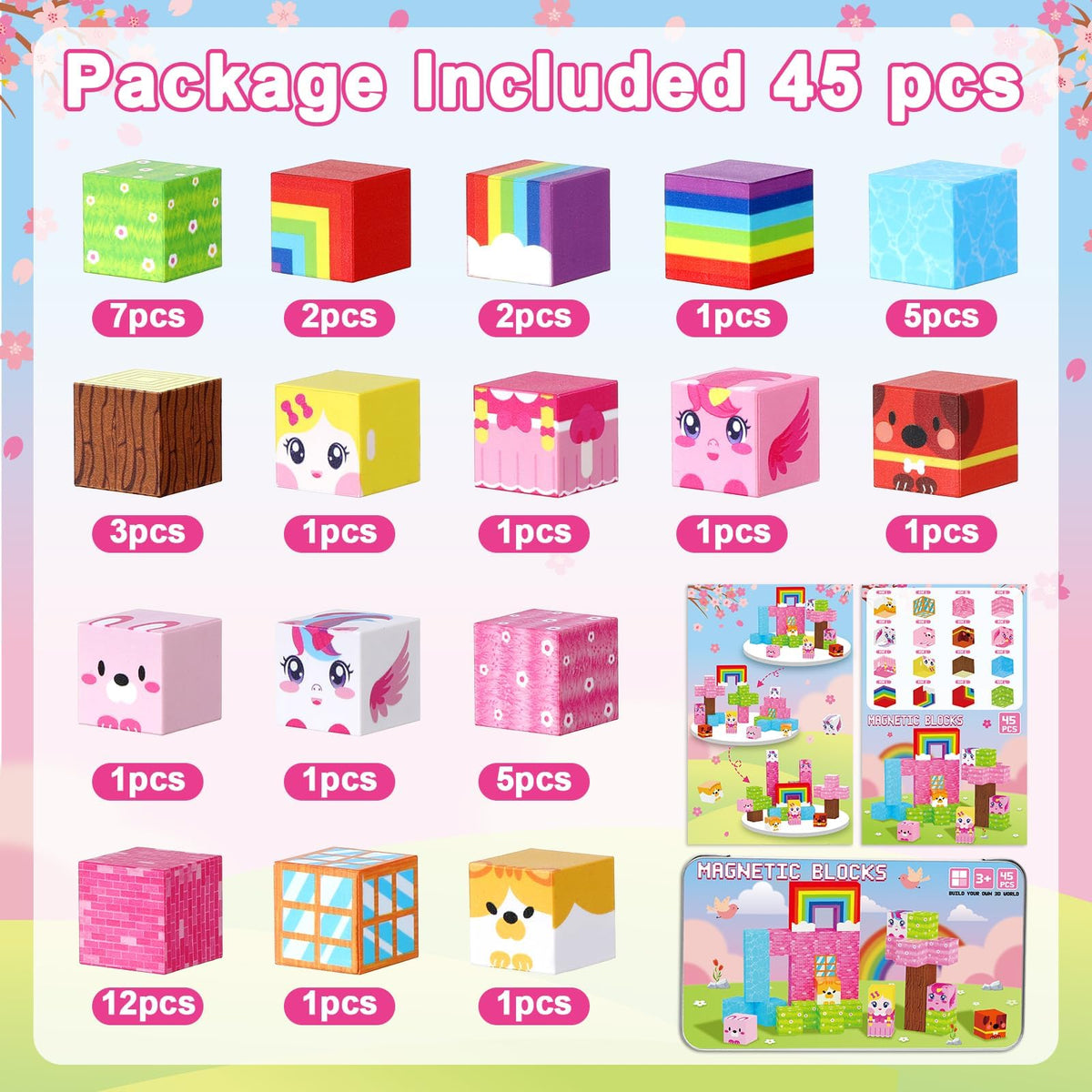 QOUBAI 45PCS Mini Magnetic Building Blocks Travel Toys – Unicorn Rainbow Edition