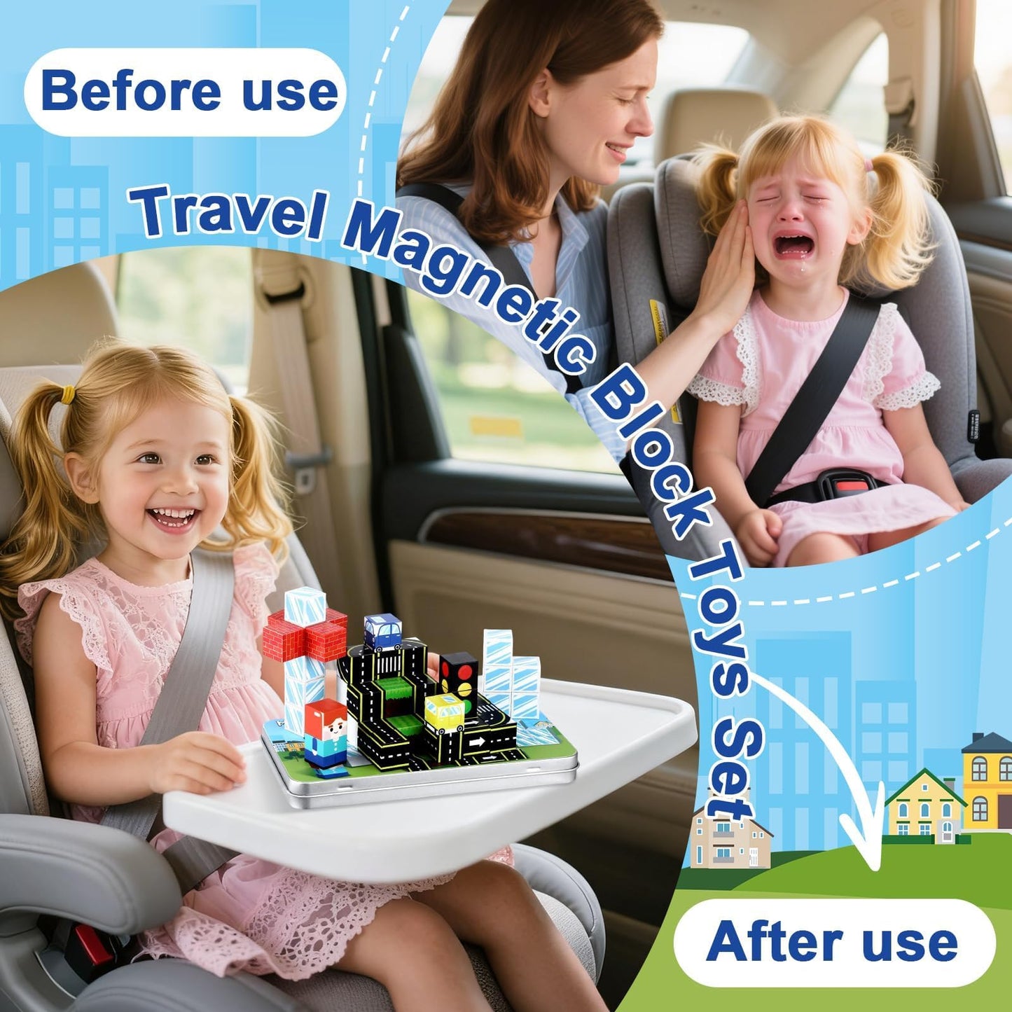 QOUBAI 45PCS Magnetic Building Blocks — Traffic Road Travel Toys for Kids 3-8
