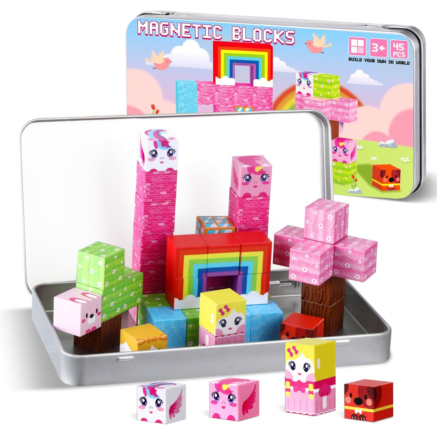 QOUBAI 45PCS Mini Magnetic Building Blocks Travel Toys – Unicorn Rainbow Edition