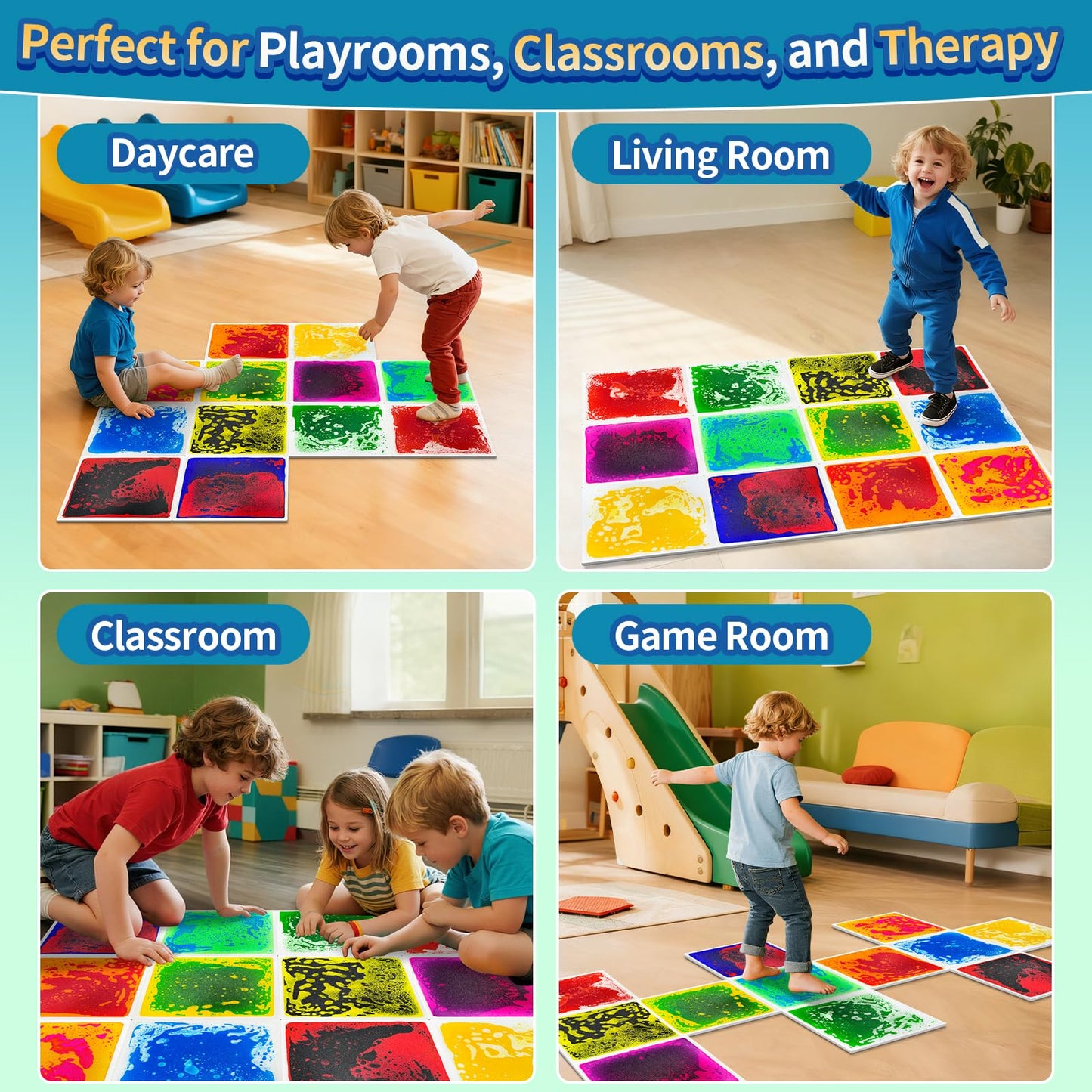 Qoytqoy Liquid Sensory Floor Tiles – 12-Pack, 11.8-inch, Color Flow & Non-Slip Base