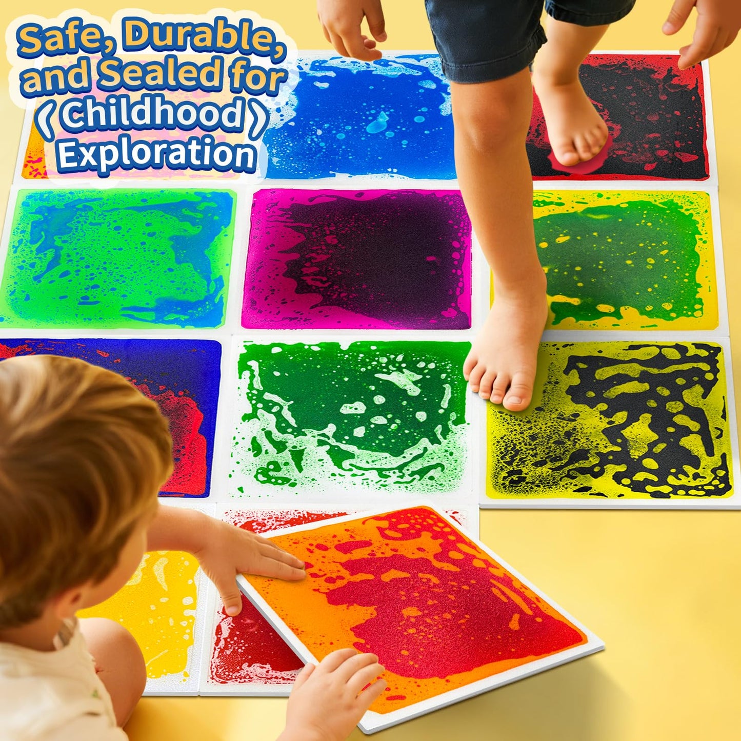 Qoytqoy Liquid Sensory Floor Tiles – 12-Pack, 11.8-inch, Color Flow & Non-Slip Base