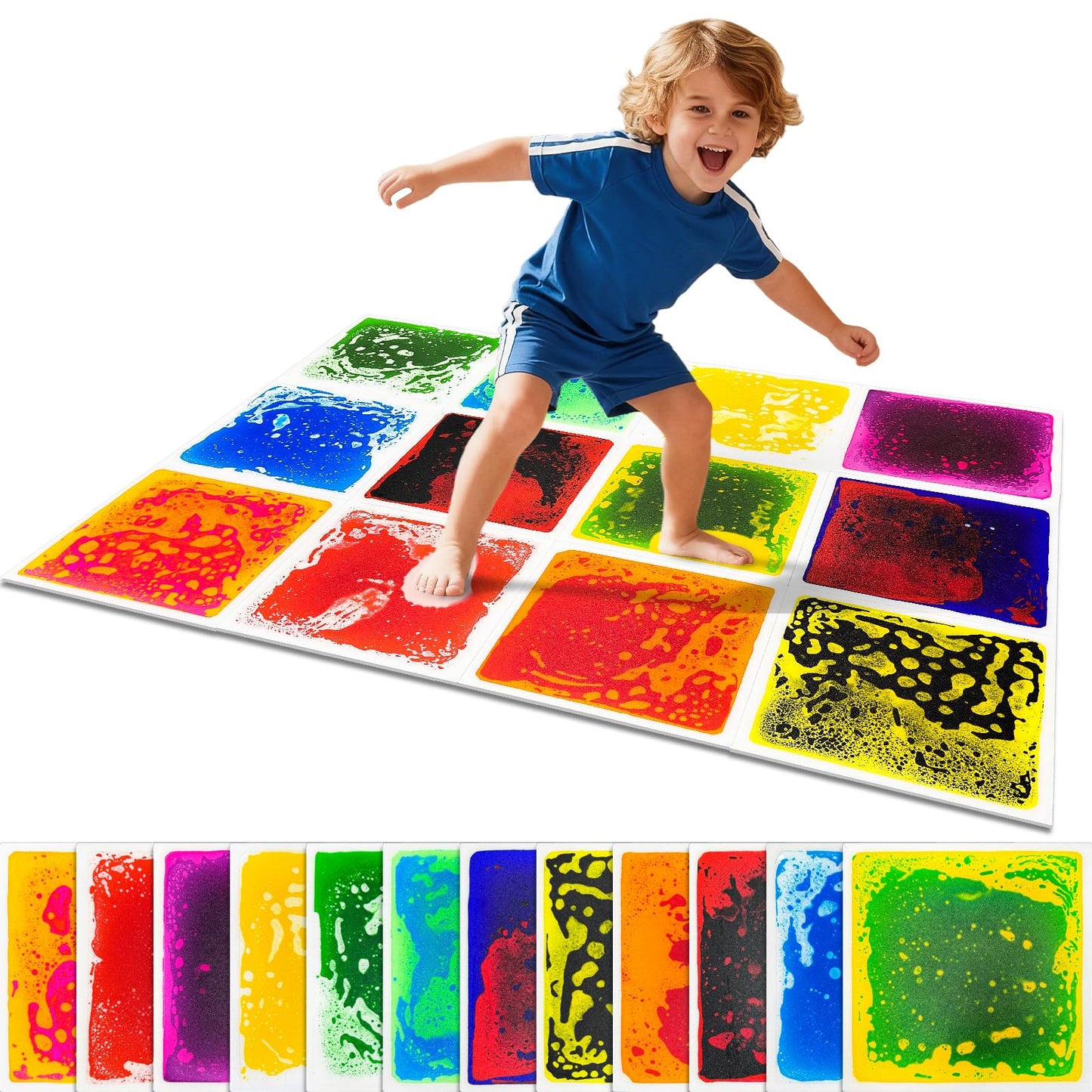 Qoytqoy Liquid Sensory Floor Tiles – 12-Pack, 11.8-inch, Color Flow & Non-Slip Base