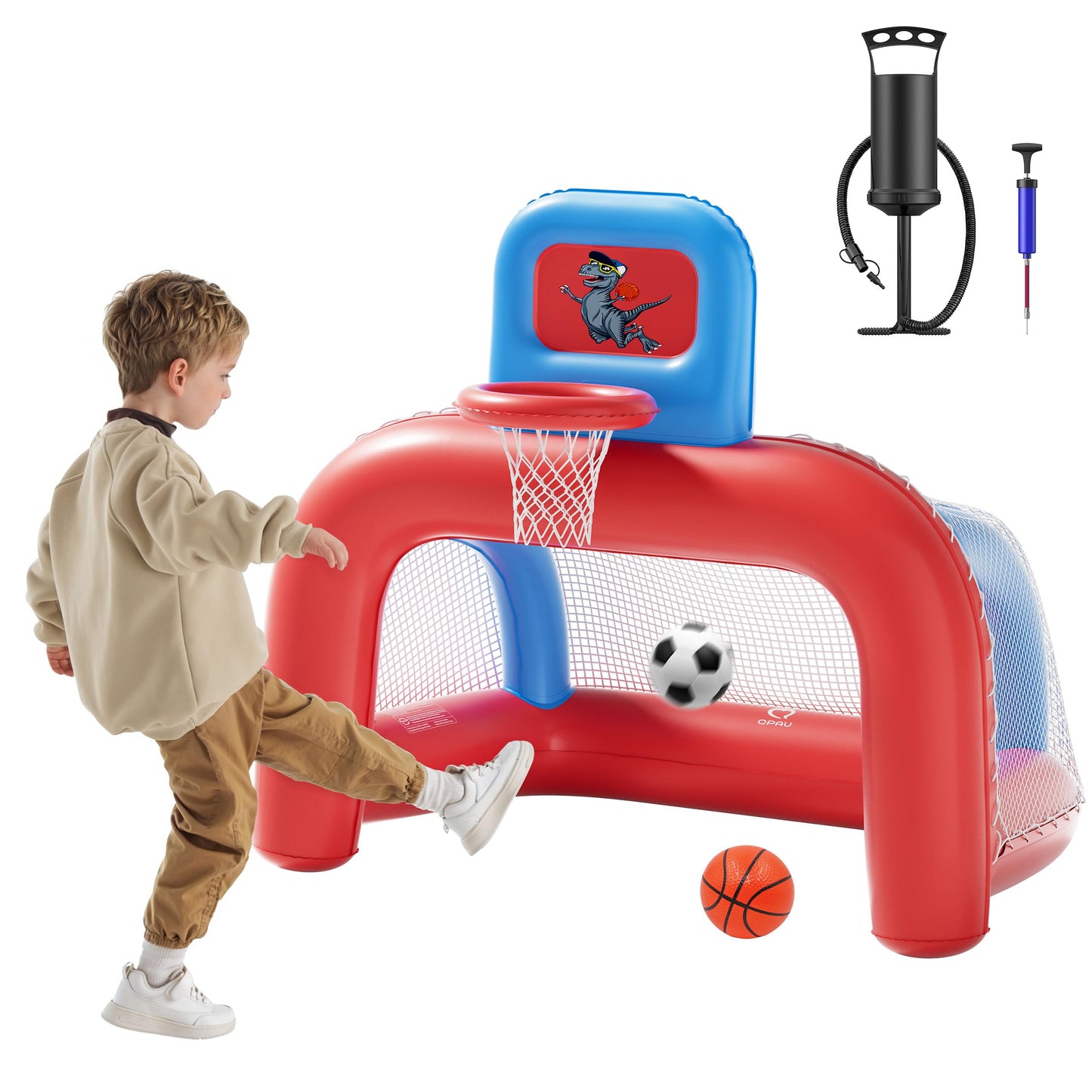 QPAU 2-in-1 Inflatable Toddler Basketball Hoop & Soccer Goal Set | Indoor & Outdoor Play