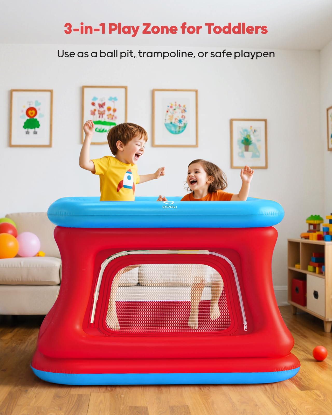 QPAU 3-in-1 Inflatable Bounce House for Toddlers 1-3 – Ball Pit, Trampoline & Safe Play Fence