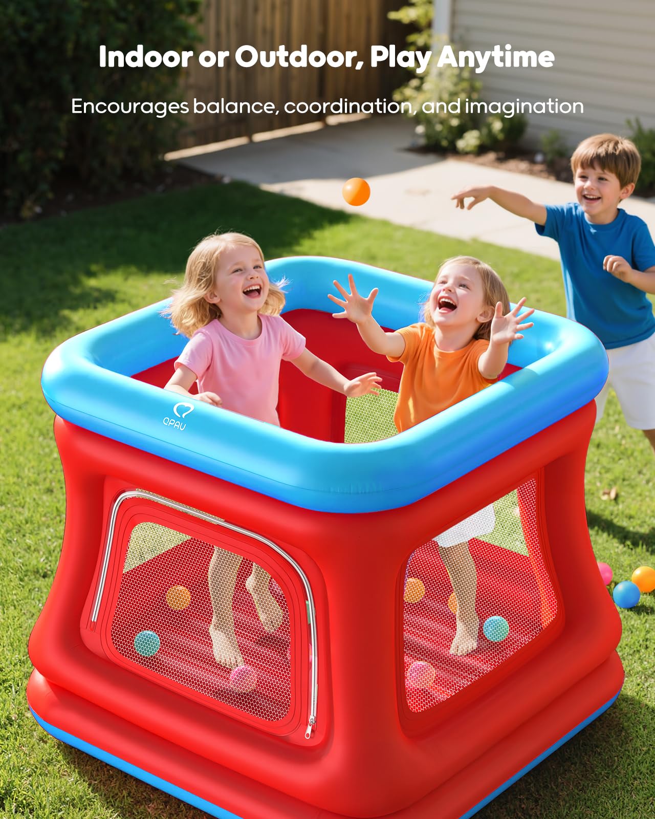 QPAU 3-in-1 Inflatable Bounce House for Toddlers 1-3 – Ball Pit, Trampoline & Safe Play Fence