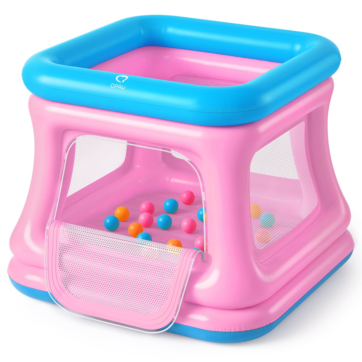 QPAU 3-in-1 Inflatable Bounce House for Toddlers 1-3 | Ball Pit & Trampoline (Blue & Pink)