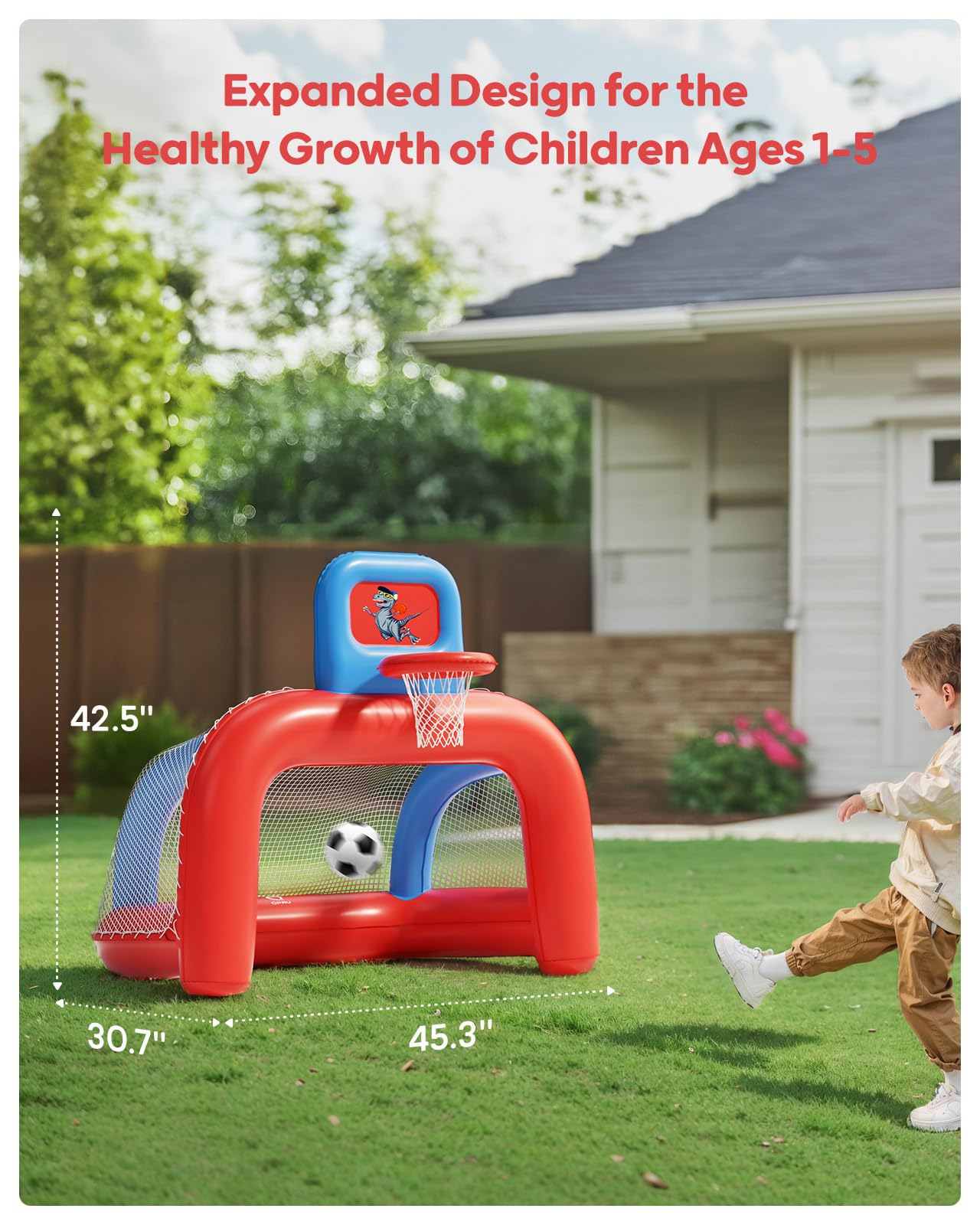 QPAU 2-in-1 Inflatable Toddler Basketball Hoop & Soccer Goal Set | Indoor & Outdoor Play
