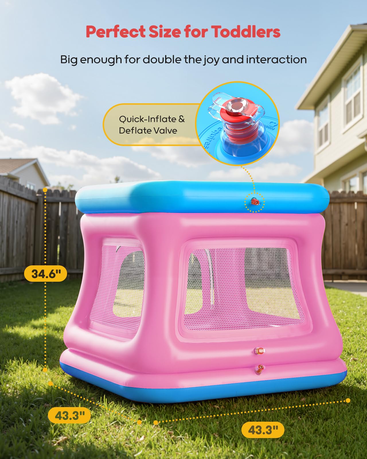 QPAU 3-in-1 Inflatable Bounce House for Toddlers 1-3 | Ball Pit & Trampoline (Blue & Pink)