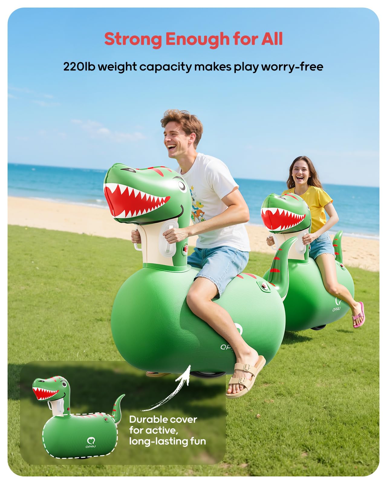 QPAU Inflatable 2-Pack Bouncy Dinosaur Toys with Hand Pump – Heavy-Duty Ride-On Jumpers for Kids 5+