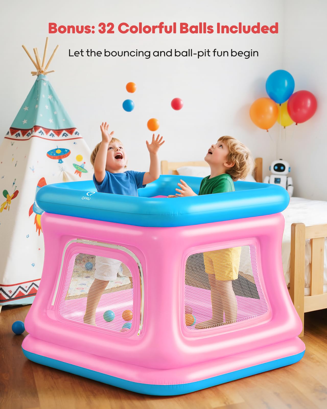 QPAU 3-in-1 Inflatable Bounce House for Toddlers 1-3 | Ball Pit & Trampoline (Blue & Pink)