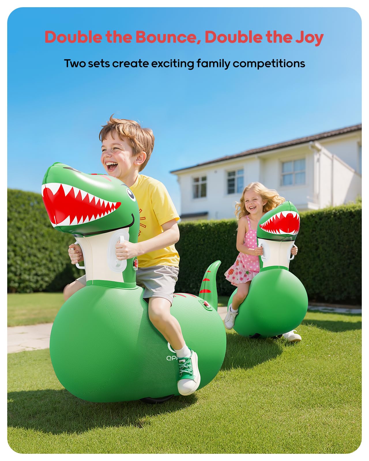 QPAU Inflatable 2-Pack Bouncy Dinosaur Toys with Hand Pump – Heavy-Duty Ride-On Jumpers for Kids 5+