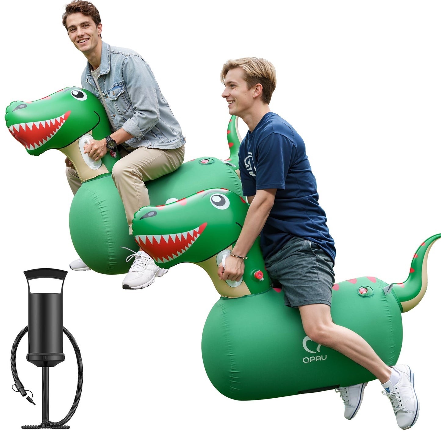 QPAU Inflatable 2-Pack Bouncy Dinosaur Toys with Hand Pump – Heavy-Duty Ride-On Jumpers for Kids 5+