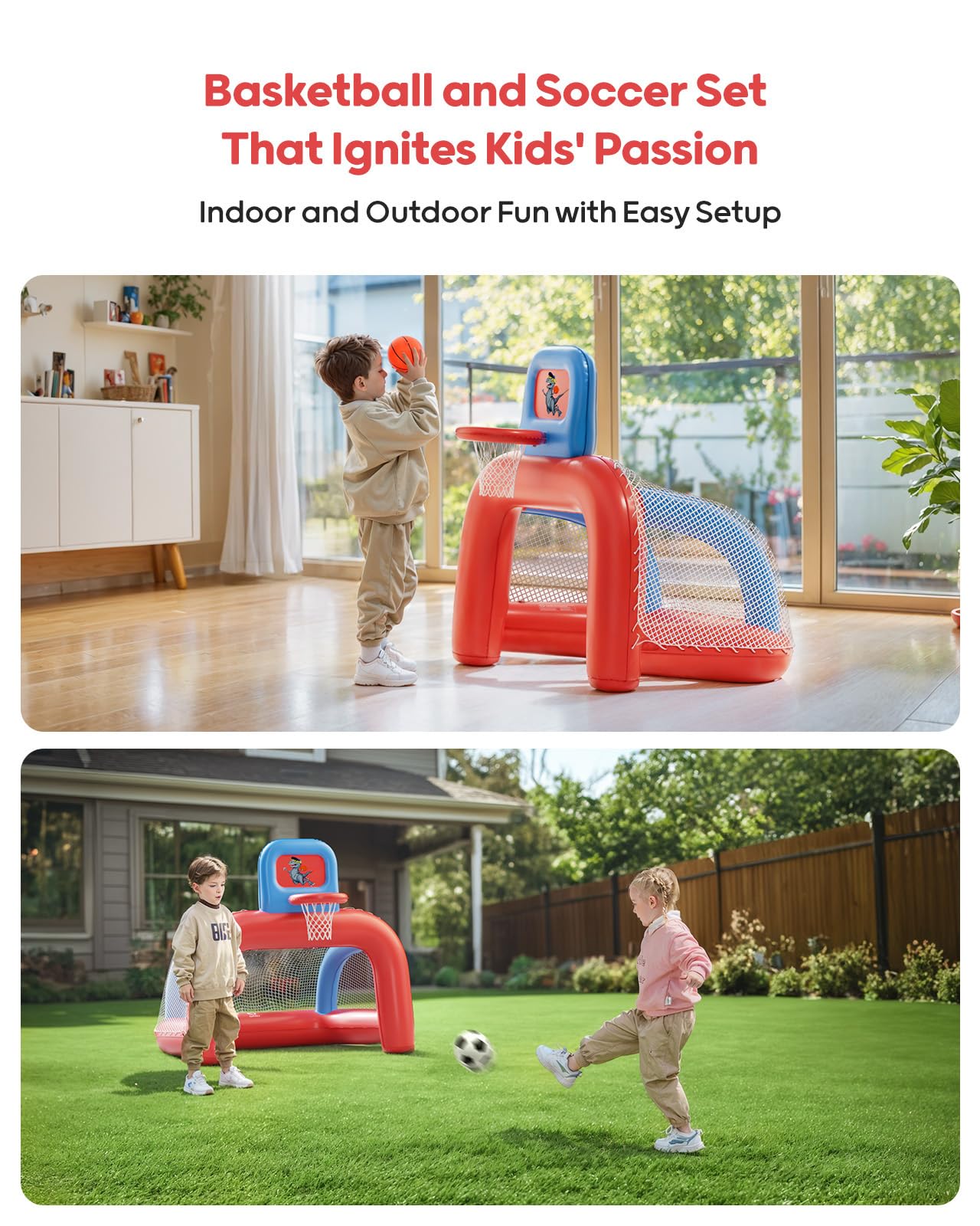 QPAU 2-in-1 Inflatable Toddler Basketball Hoop & Soccer Goal Set | Indoor & Outdoor Play