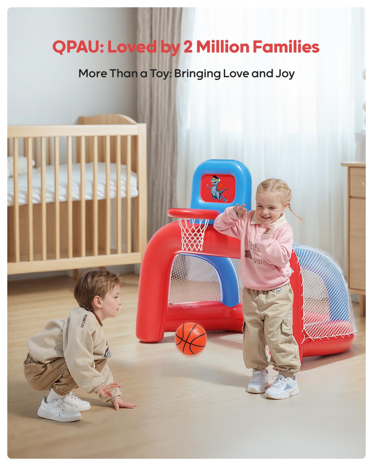 QPAU 2-in-1 Inflatable Toddler Basketball Hoop & Soccer Goal Set | Indoor & Outdoor Play