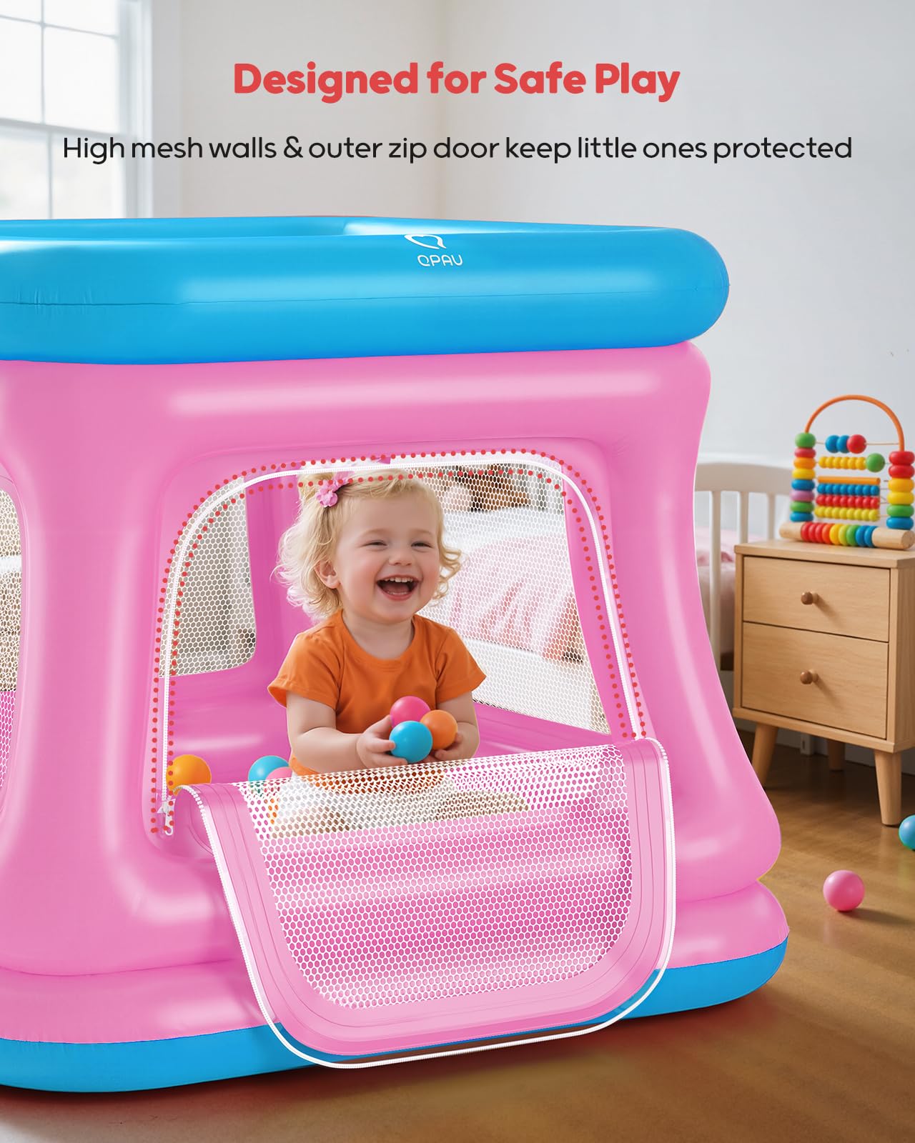 QPAU 3-in-1 Inflatable Bounce House for Toddlers 1-3 | Ball Pit & Trampoline (Blue & Pink)