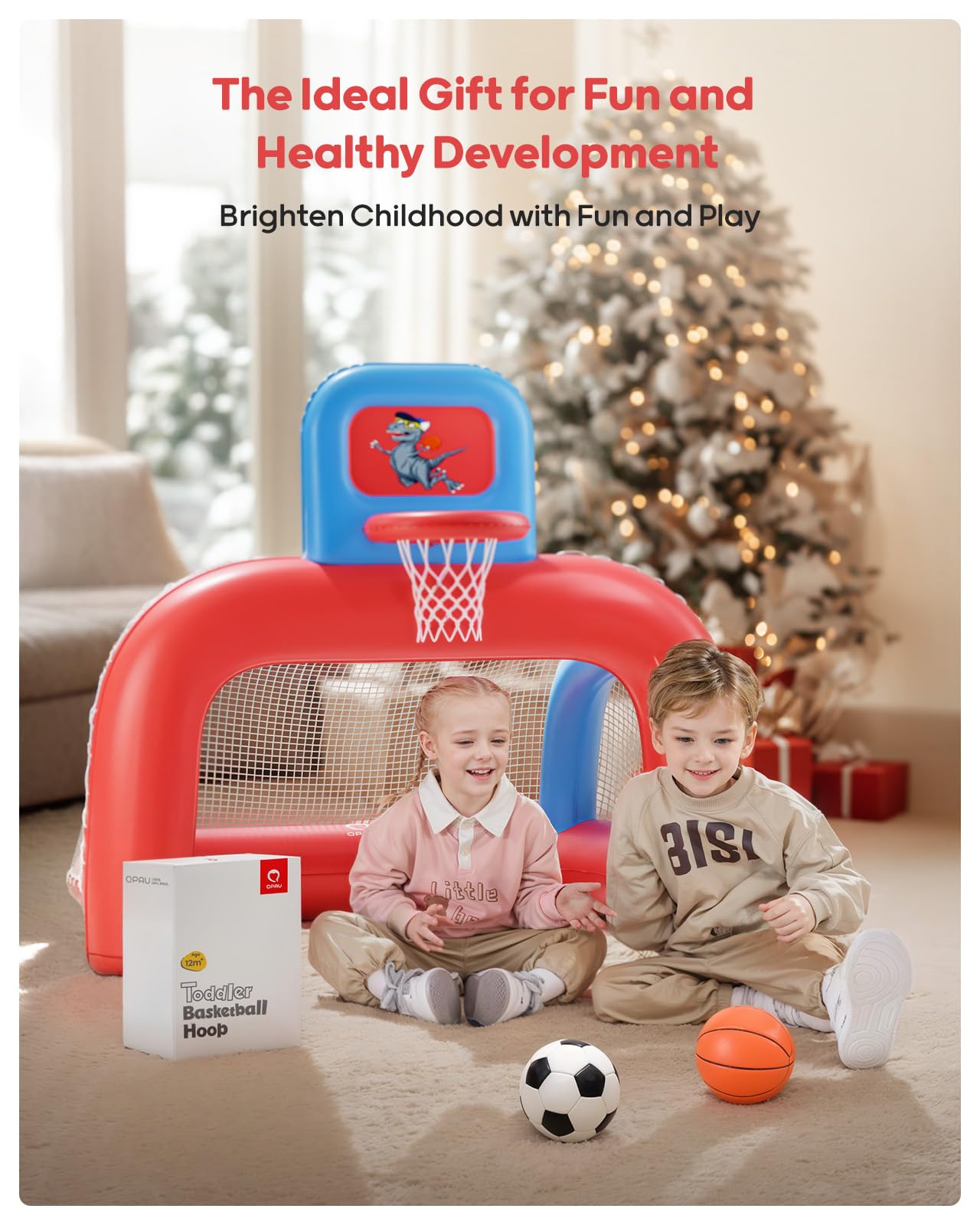 QPAU 2-in-1 Inflatable Toddler Basketball Hoop & Soccer Goal Set | Indoor & Outdoor Play