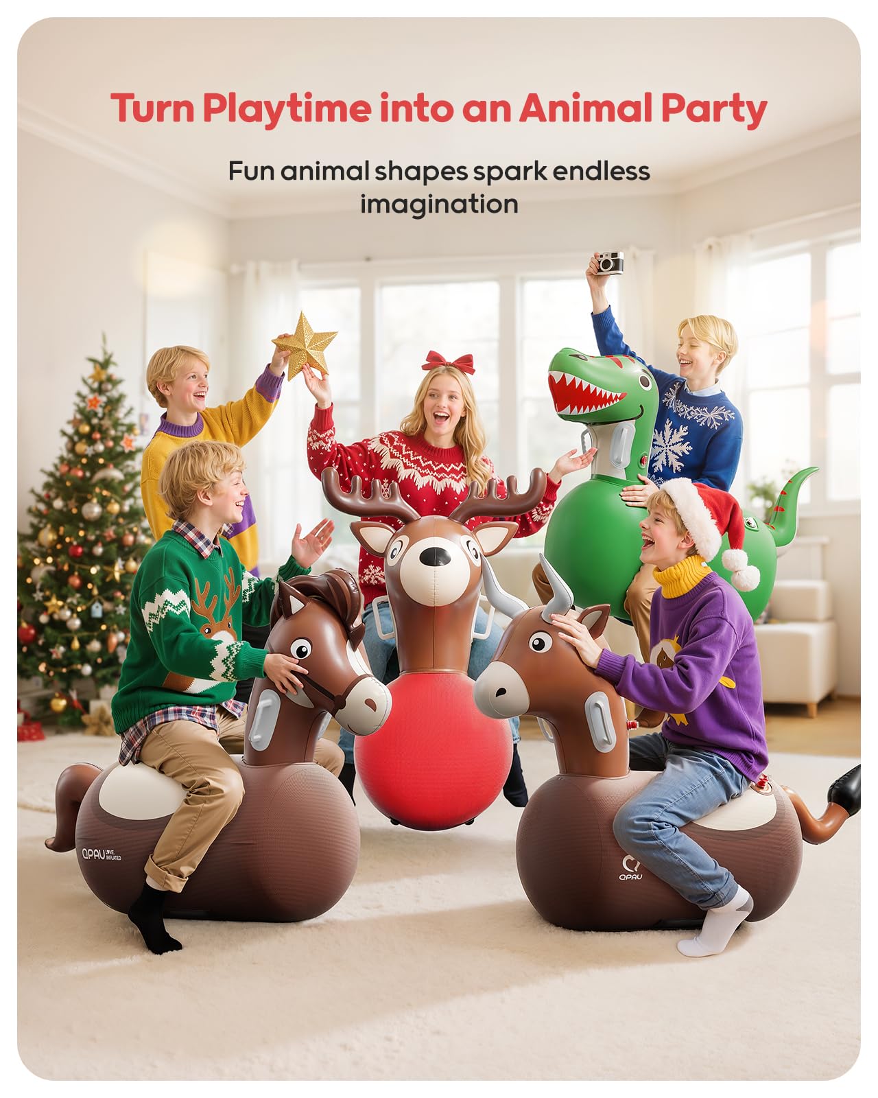 QPAU Inflatable Reindeer Hopper Bouncer – 2-Pack with Pump & Fabric Cover