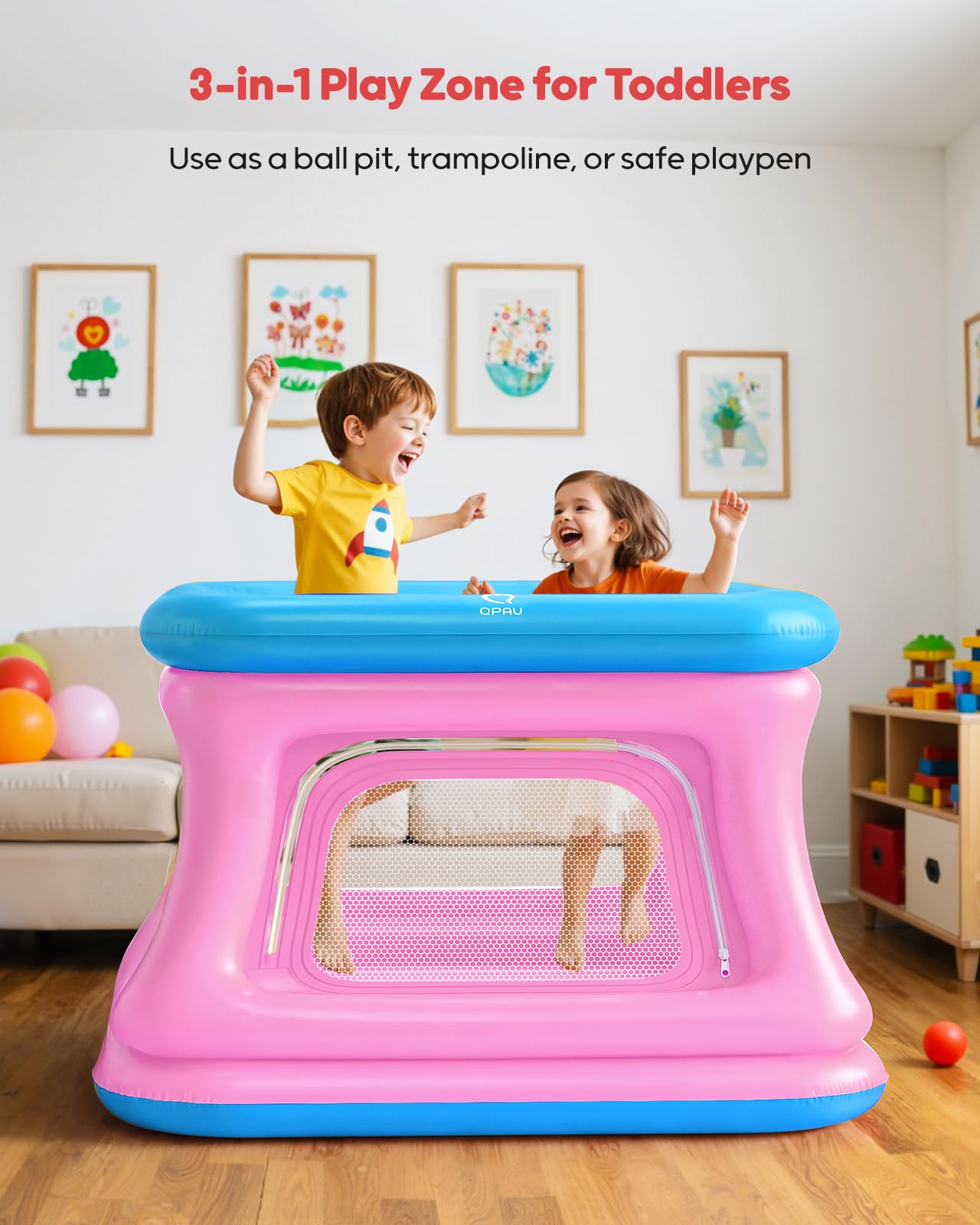 QPAU 3-in-1 Inflatable Bounce House for Toddlers 1-3 | Ball Pit & Trampoline (Blue & Pink)