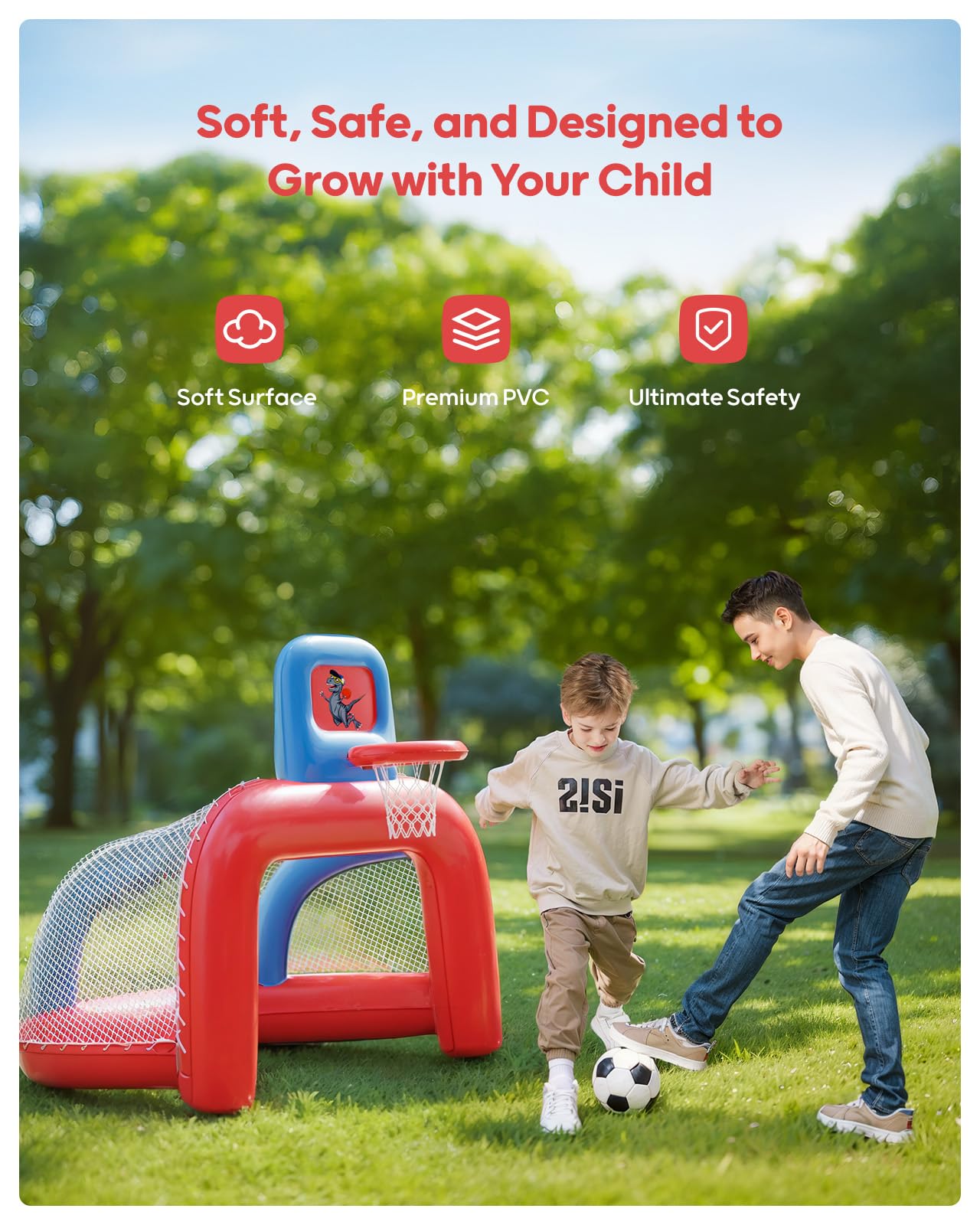 QPAU 2-in-1 Inflatable Toddler Basketball Hoop & Soccer Goal Set | Indoor & Outdoor Play