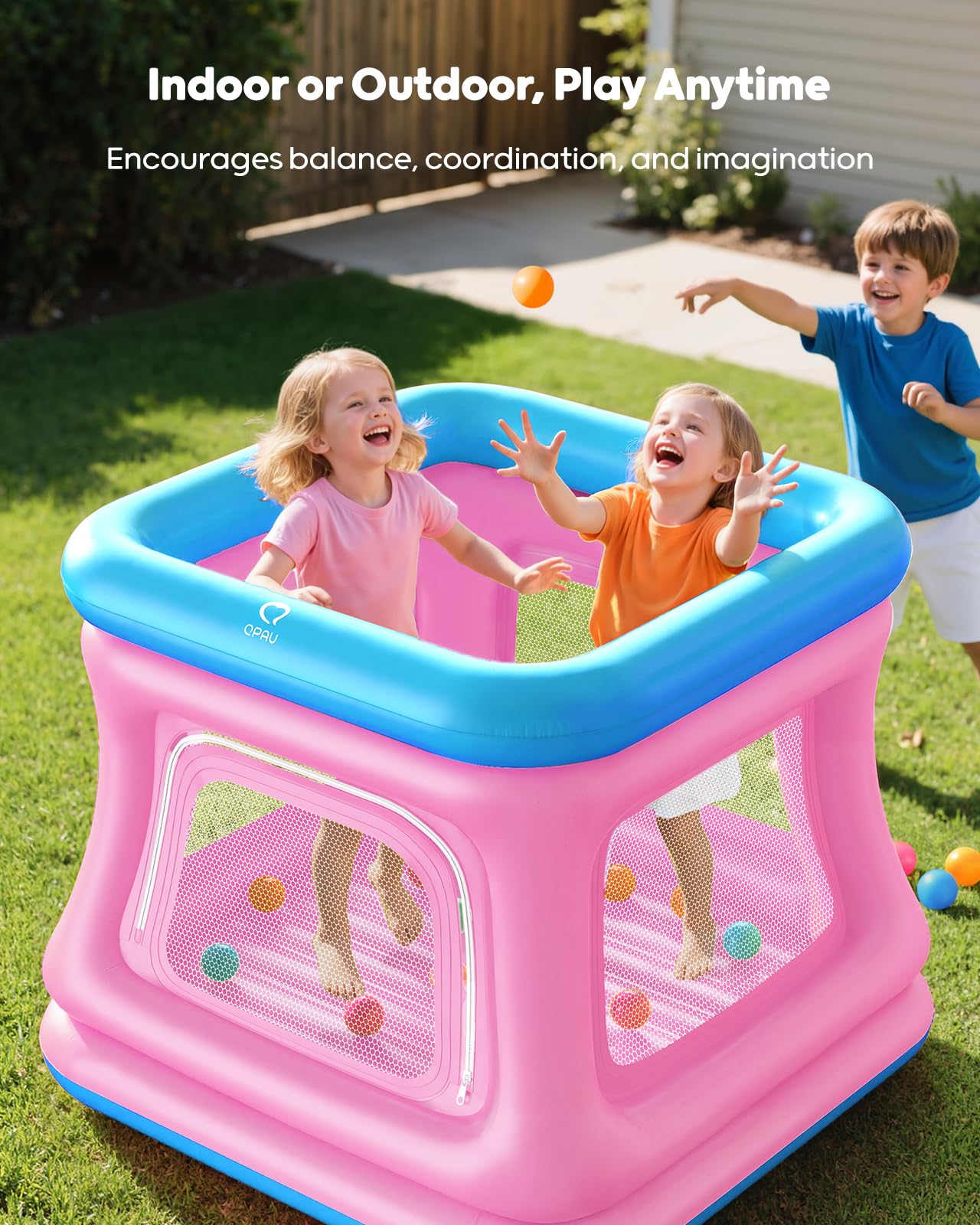 QPAU 3-in-1 Inflatable Bounce House for Toddlers 1-3 | Ball Pit & Trampoline (Blue & Pink)