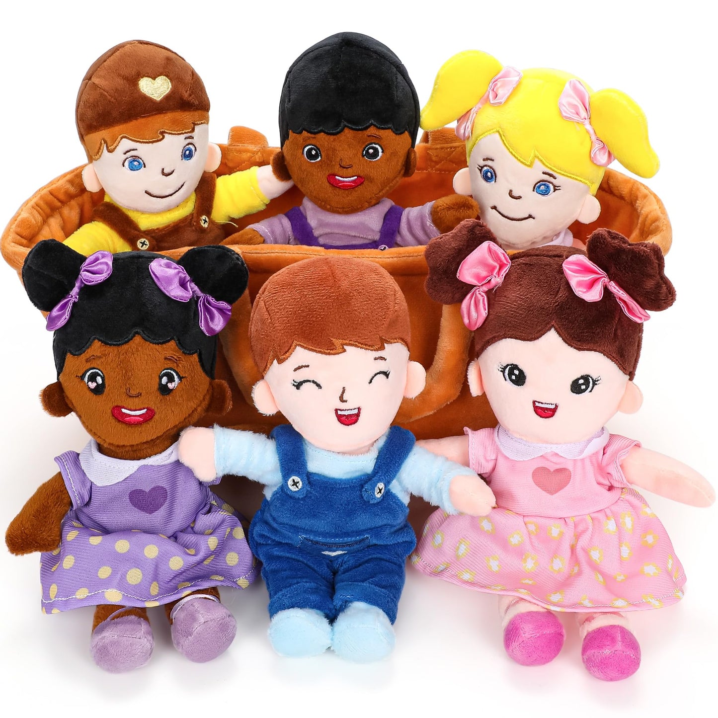 Qpewep Basket of Baby Plush Dolls - 8 Inch, 6-Piece Diverse Set
