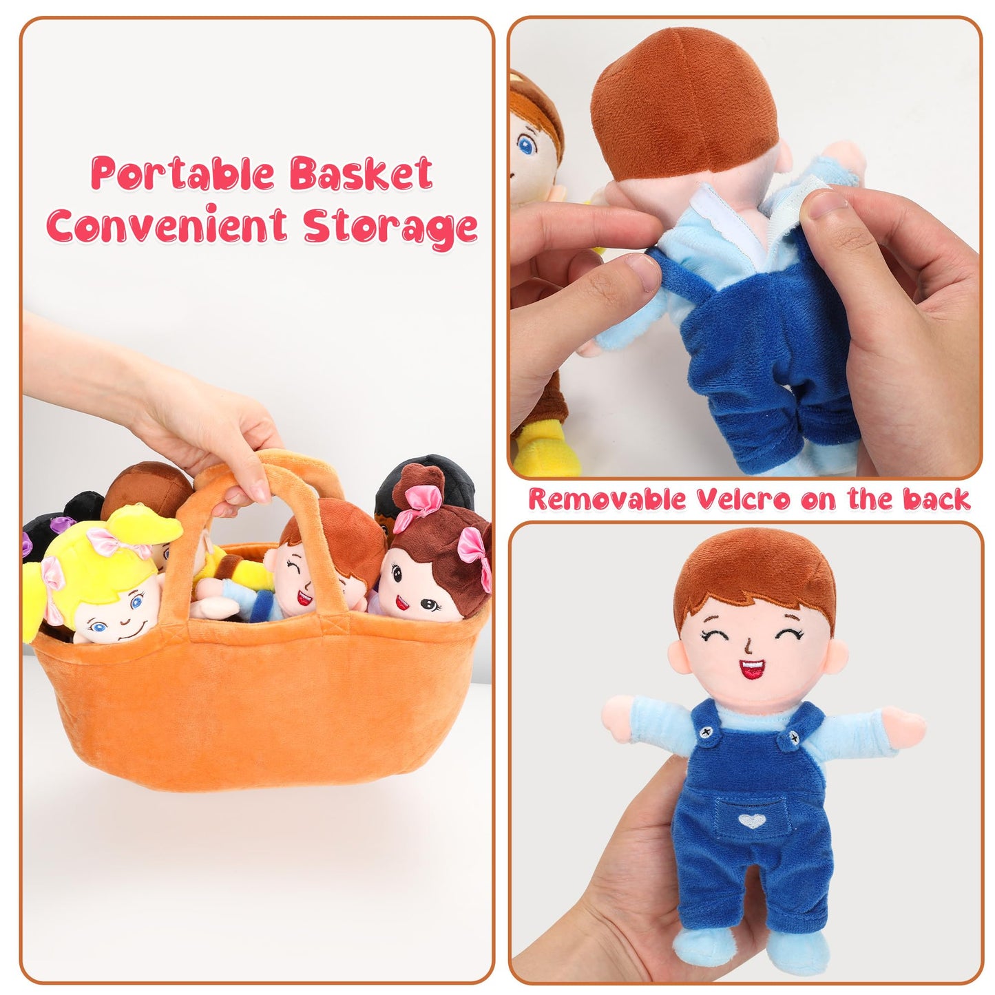 Qpewep Basket of Baby Plush Dolls - 8 Inch, 6-Piece Diverse Set