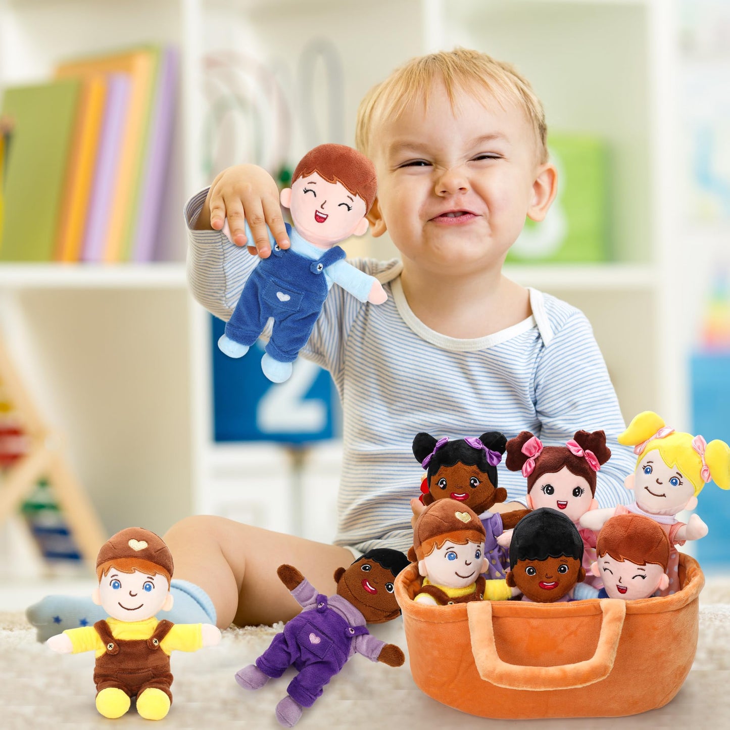 Qpewep Basket of Baby Plush Dolls - 8 Inch, 6-Piece Diverse Set