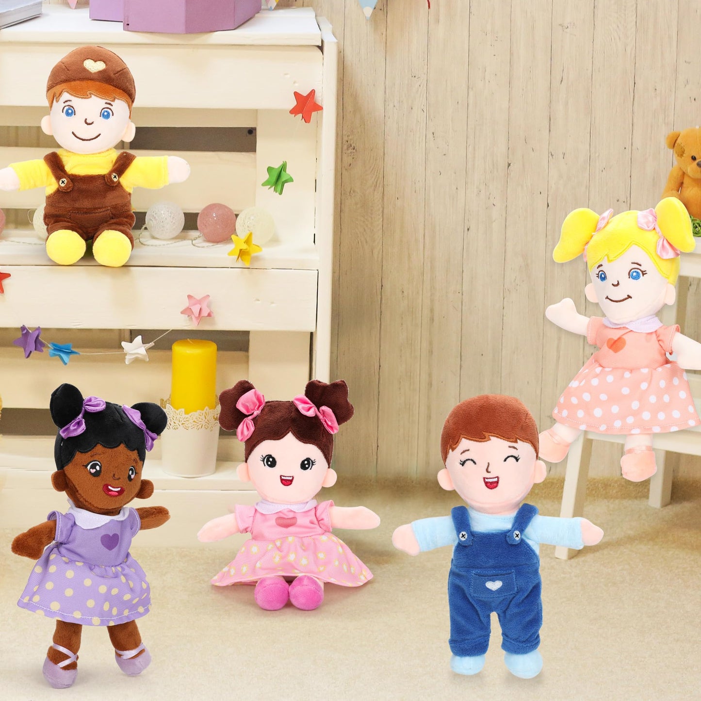 Qpewep Basket of Baby Plush Dolls - 8 Inch, 6-Piece Diverse Set