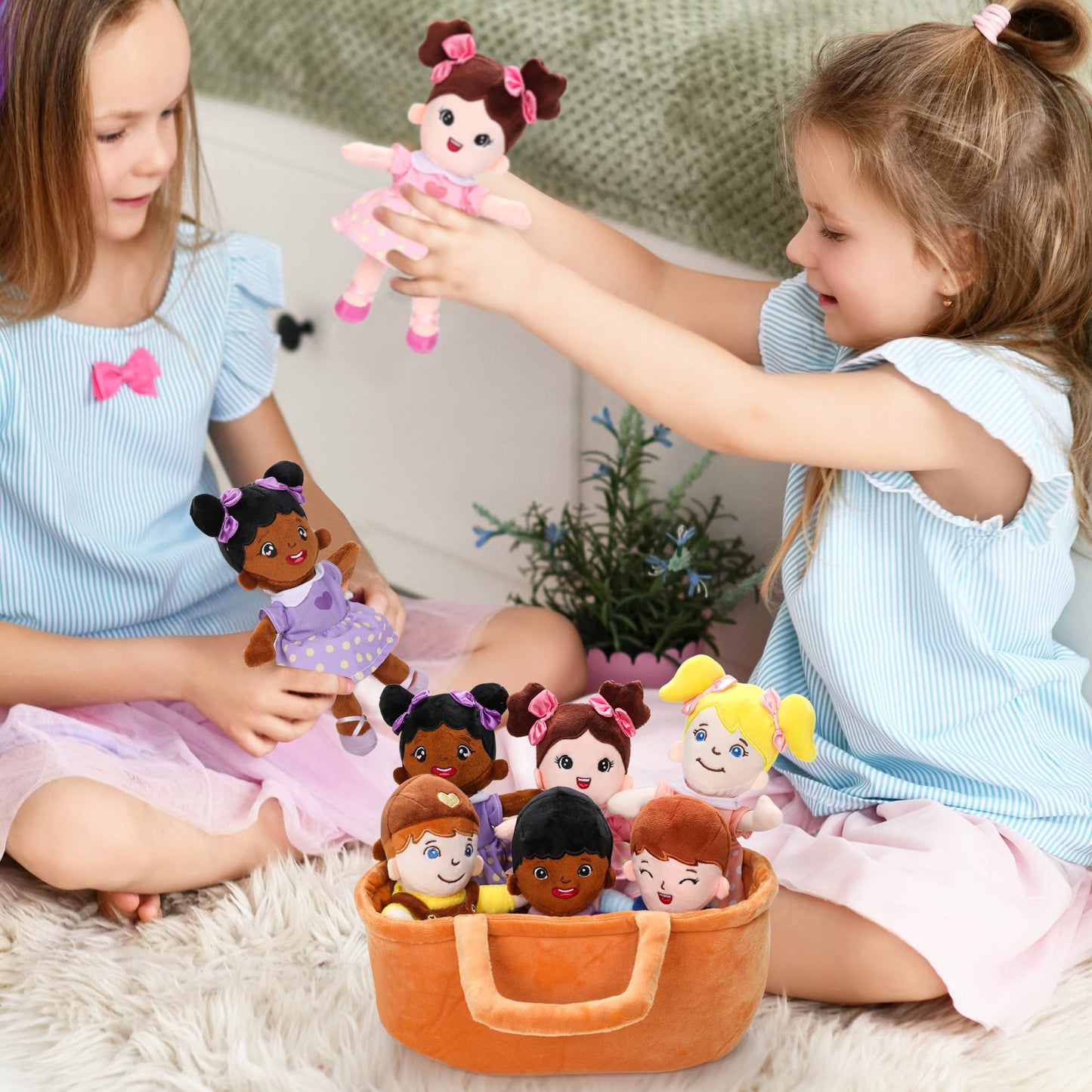 Qpewep Basket of Baby Plush Dolls - 8 Inch, 6-Piece Diverse Set