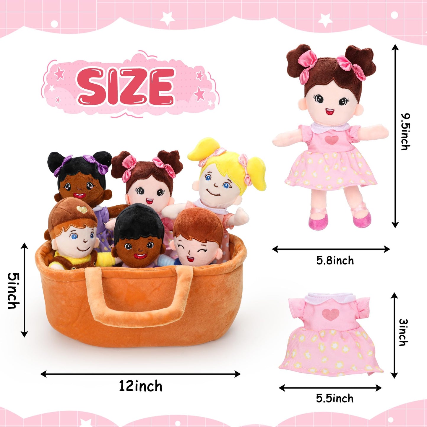 Qpewep Basket of Baby Plush Dolls - 8 Inch, 6-Piece Diverse Set