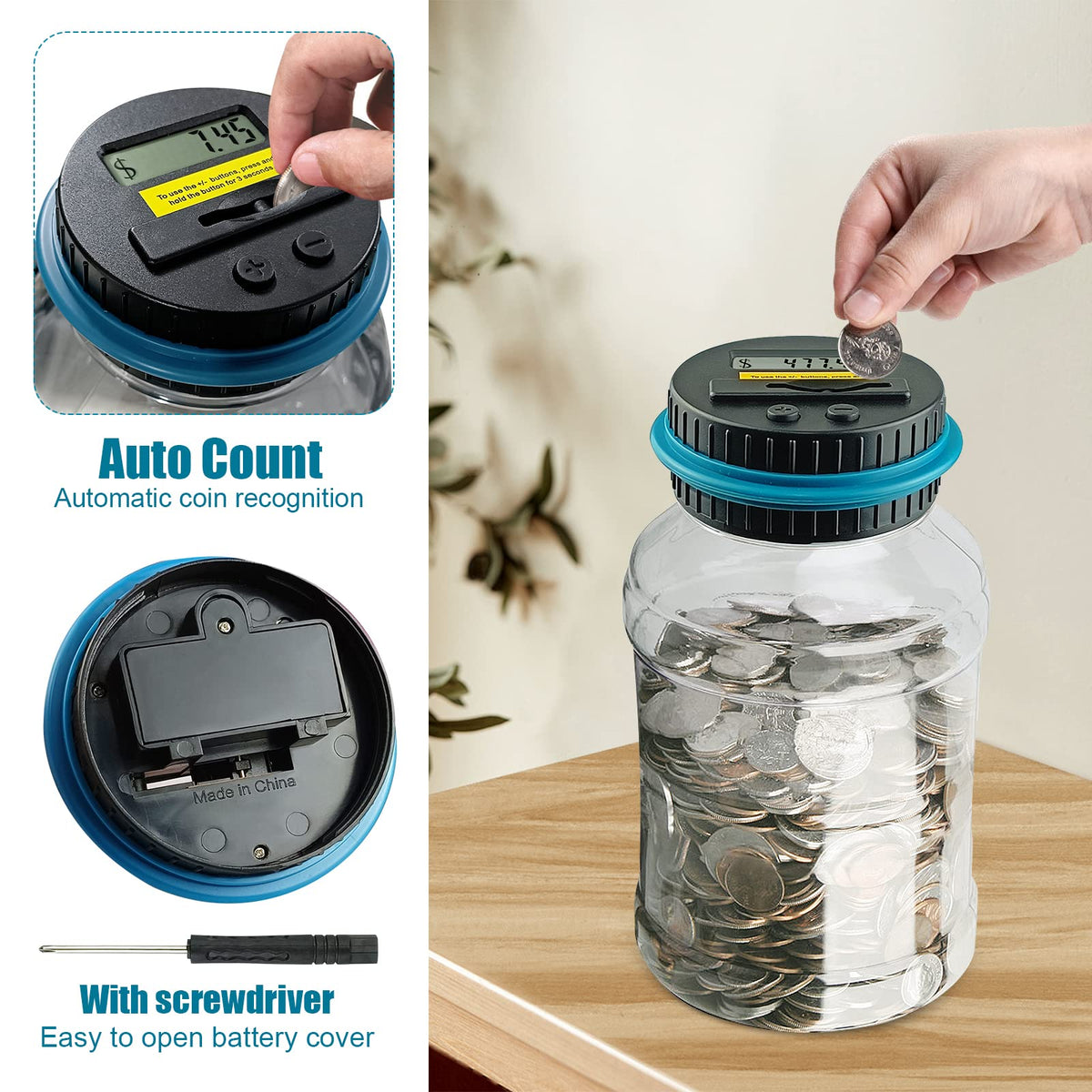 QPEY Large Piggy Bank for Adults – 1.8L Digital Coin Counter with LCD Display