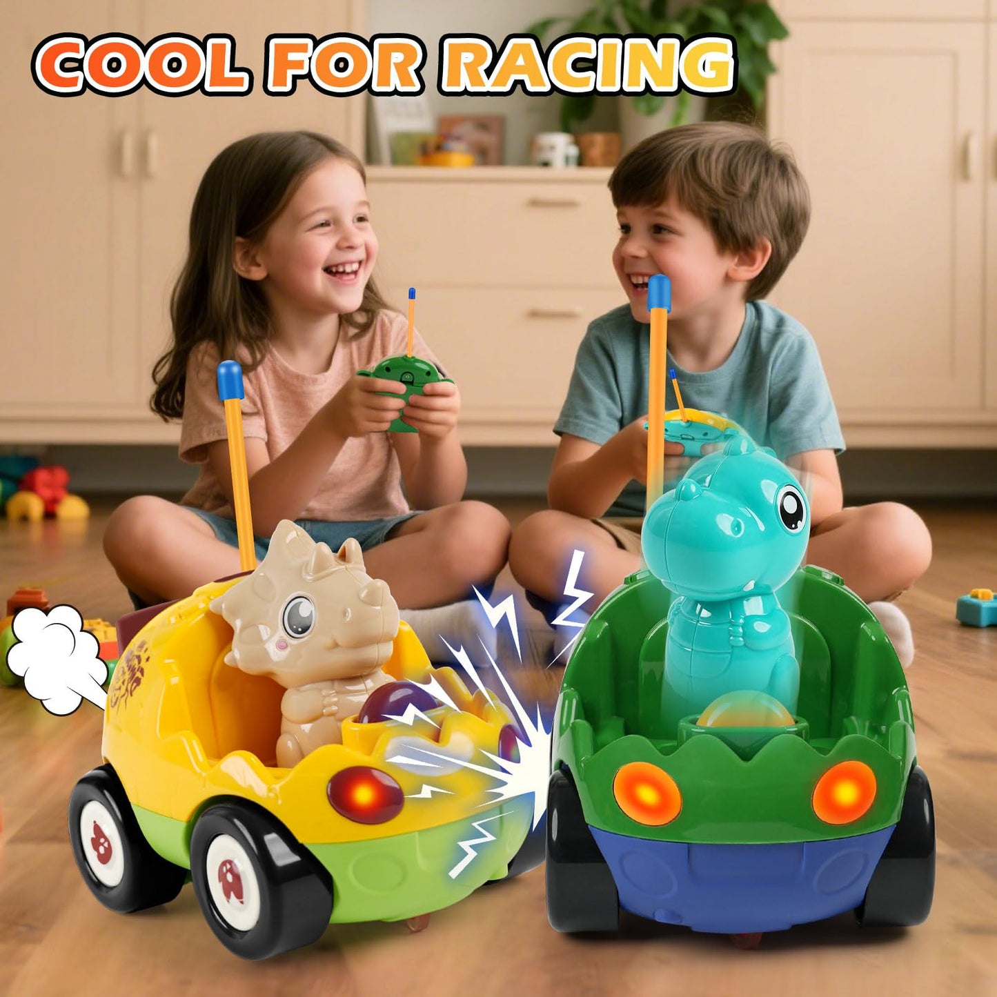 QPOU 2-Pack Remote Control Dinosaur Cars for Kids – Dino RC with Lights & Music