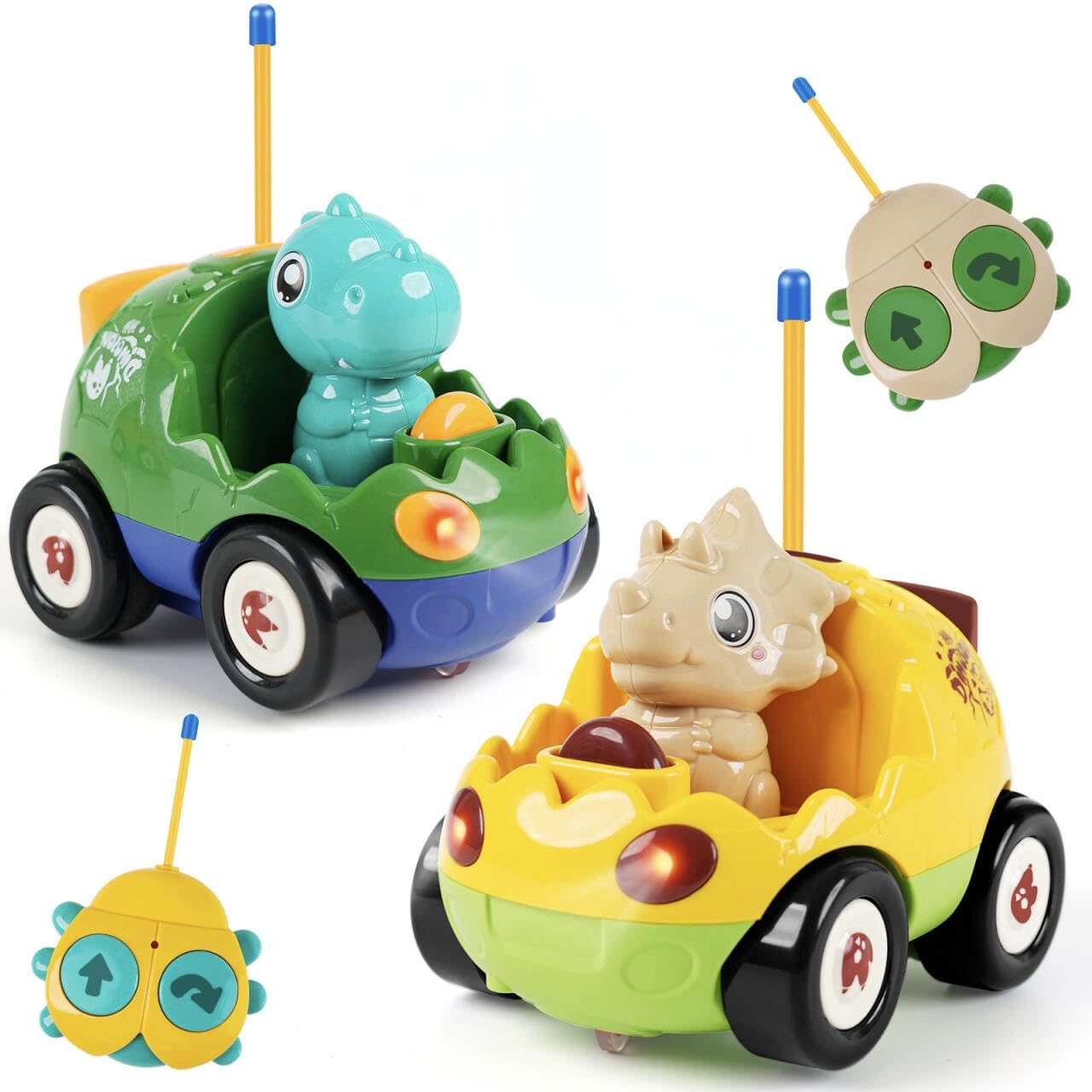 QPOU 2-Pack Remote Control Dinosaur Cars for Kids – Dino RC with Lights & Music