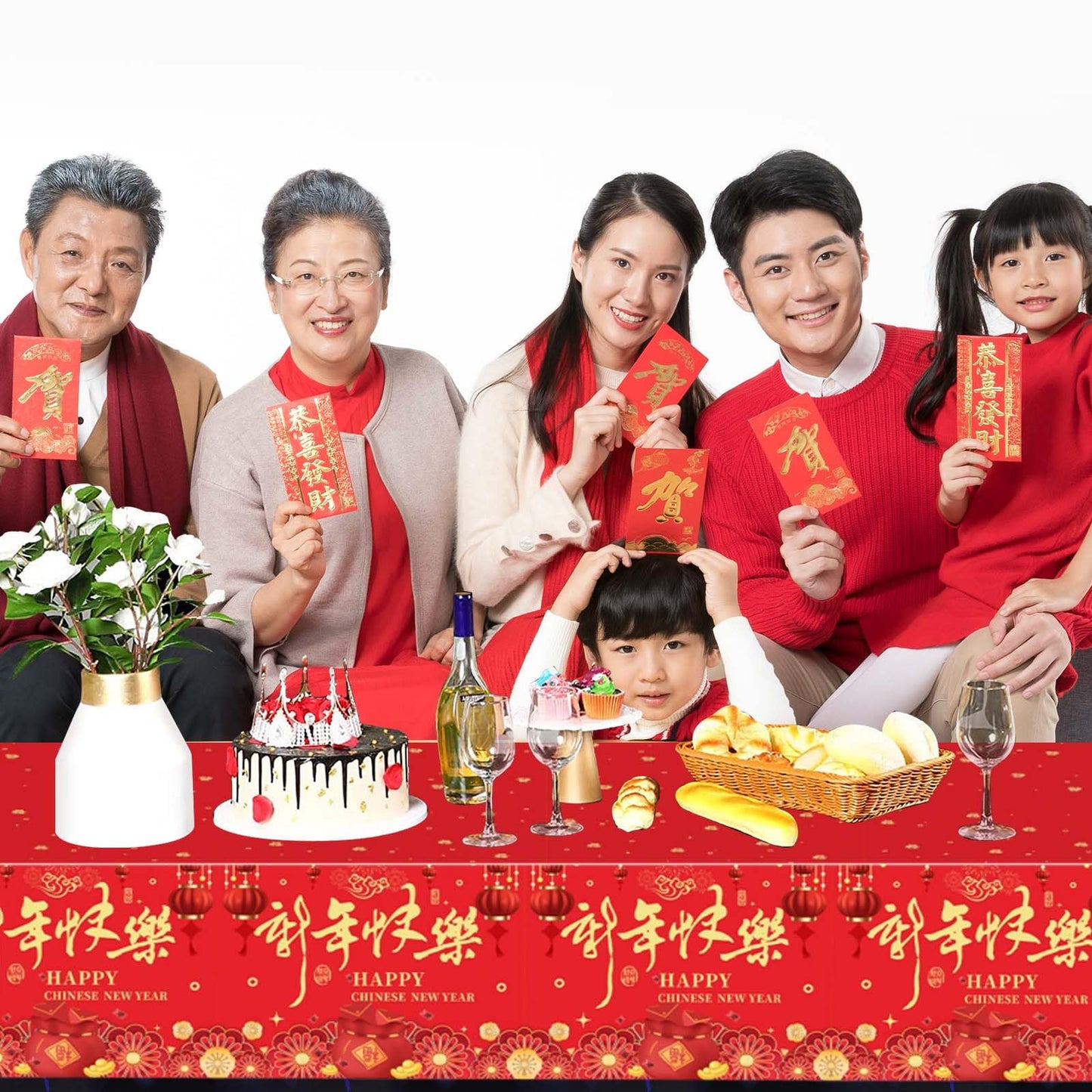 Qpout 3 Pieces Chinese New Year Tablecloth 108x54 Inch – Disposable Red & Gold Table Covers for Lunar New Year 2026