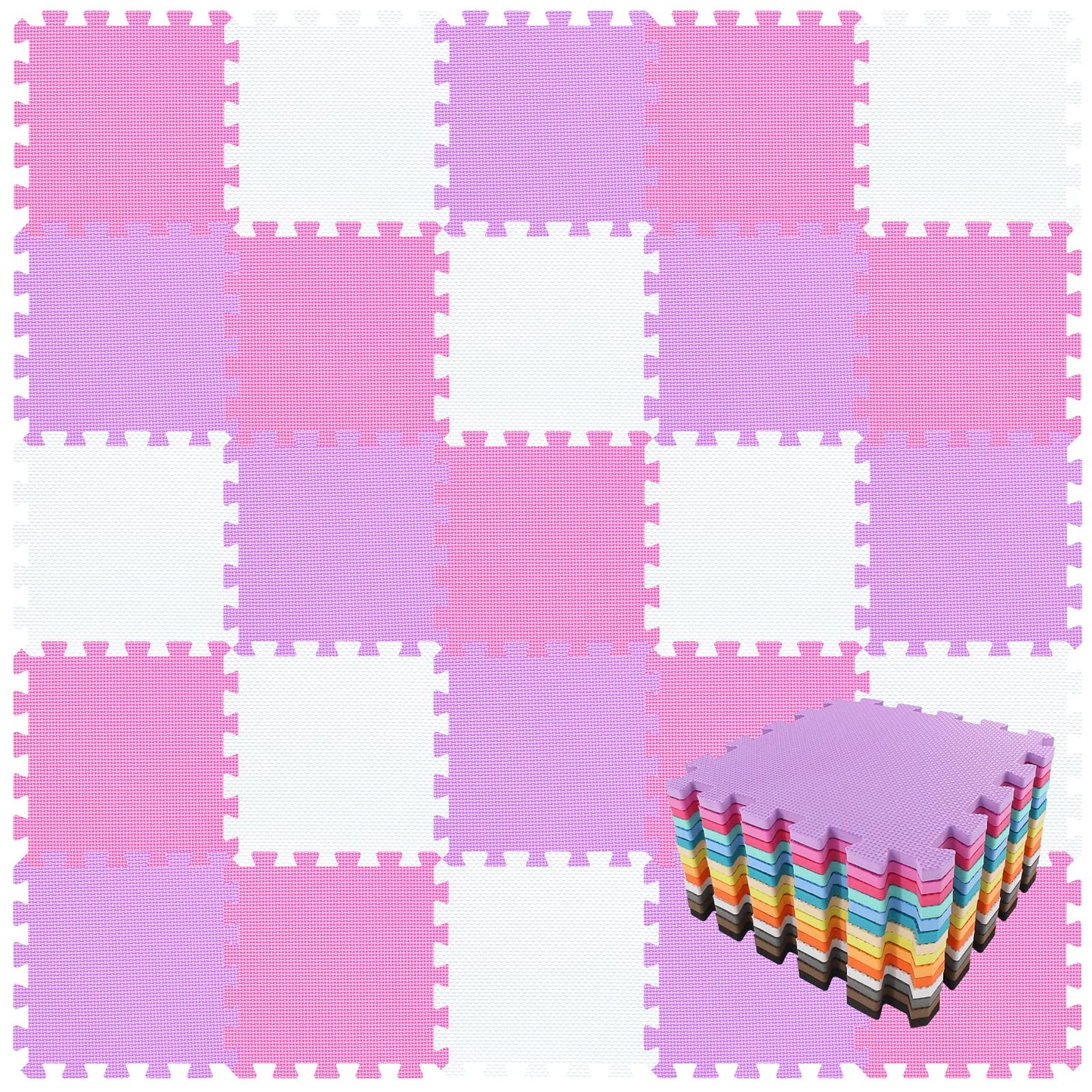 qqpp EVA 18-Tile Interlocking Foam Floor Mats – Baby Play Mat & Home Exercise Mat (White, Pink, Purple)